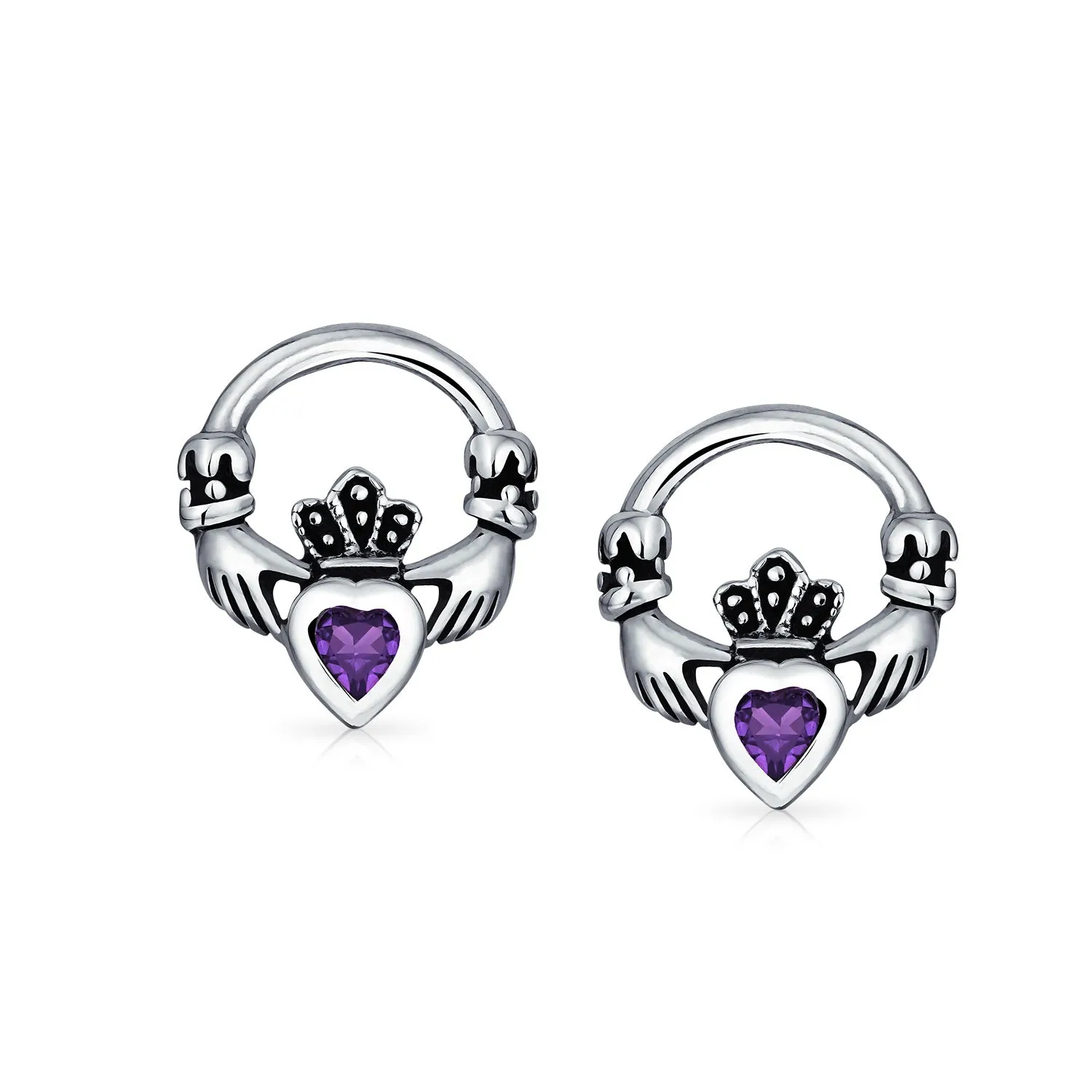 BFF  Celtic Round Circle Purple CZ Claddagh Stud Earrings .925 Silver