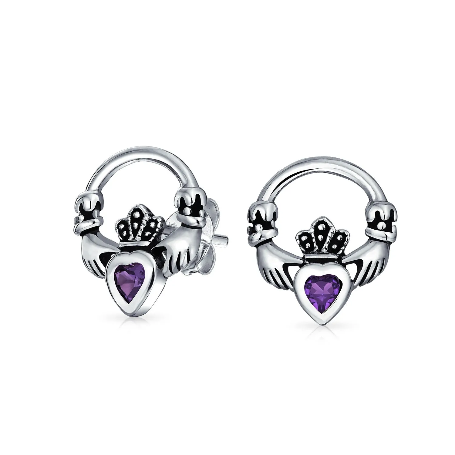 BFF  Celtic Round Circle Purple CZ Claddagh Stud Earrings .925 Silver