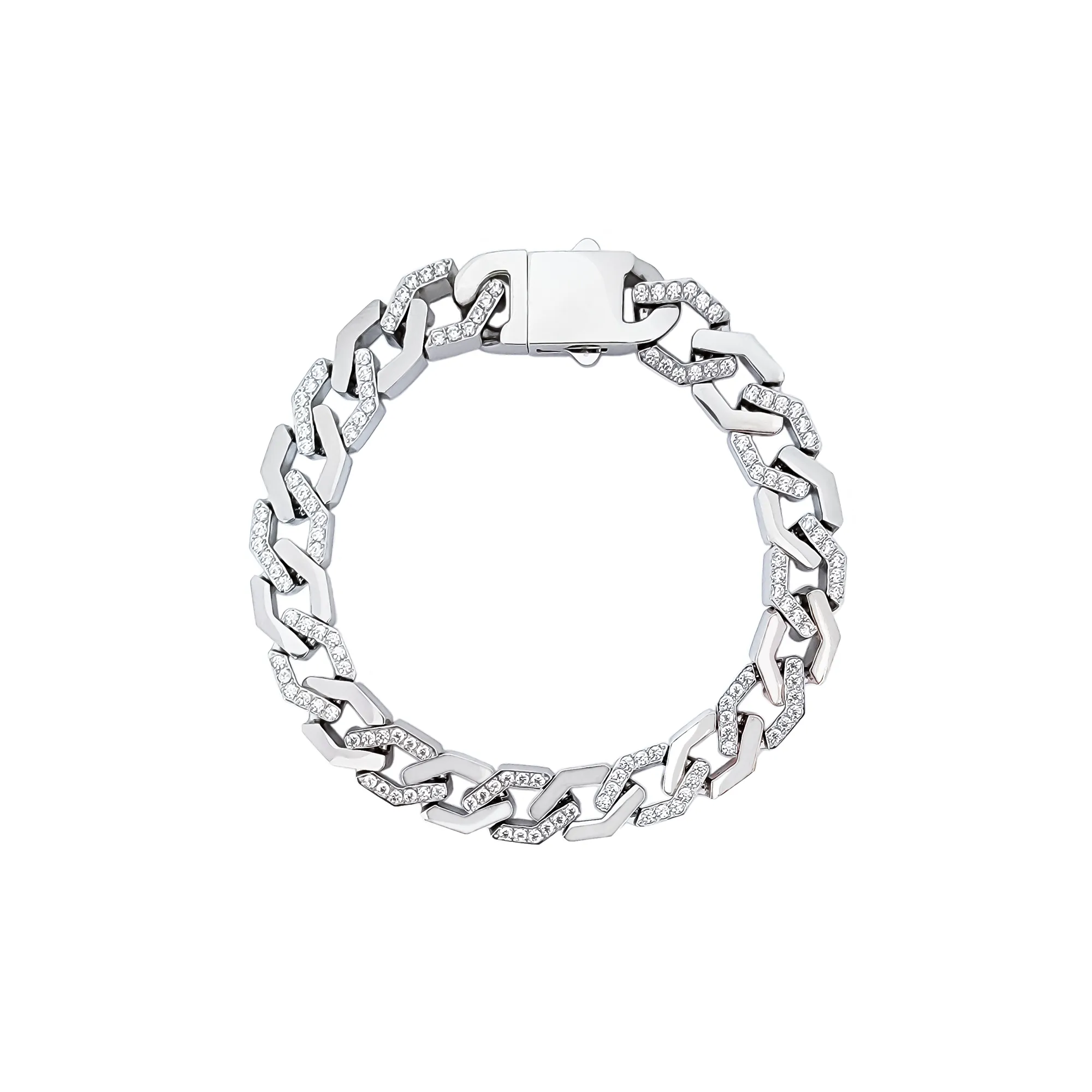 BG101W B.Tiff Pave High Polish Flat Angular Cuban Link Stainless Steel Bracelet