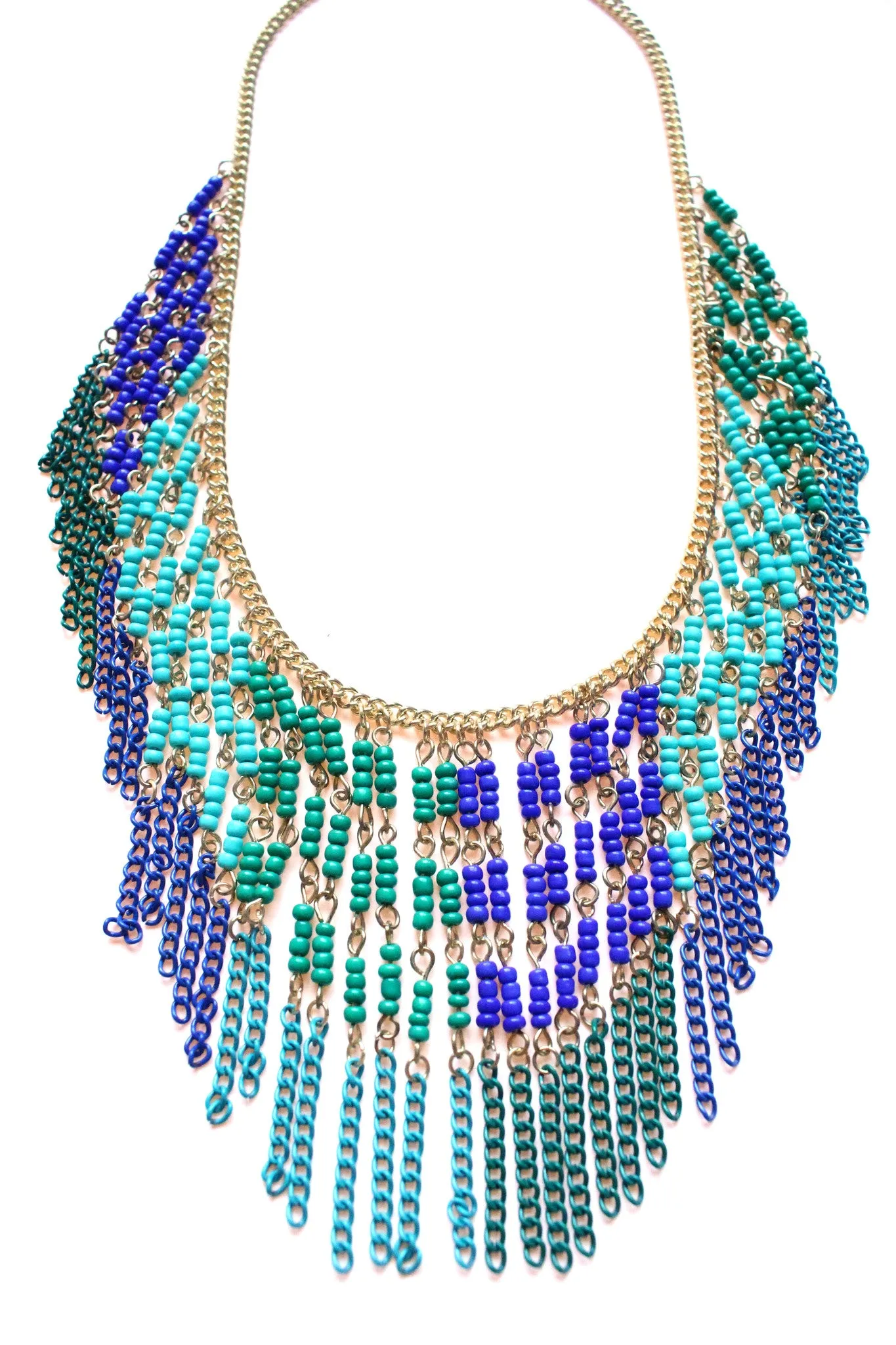 Boho Beaded Fringe Statement Necklace- Blue