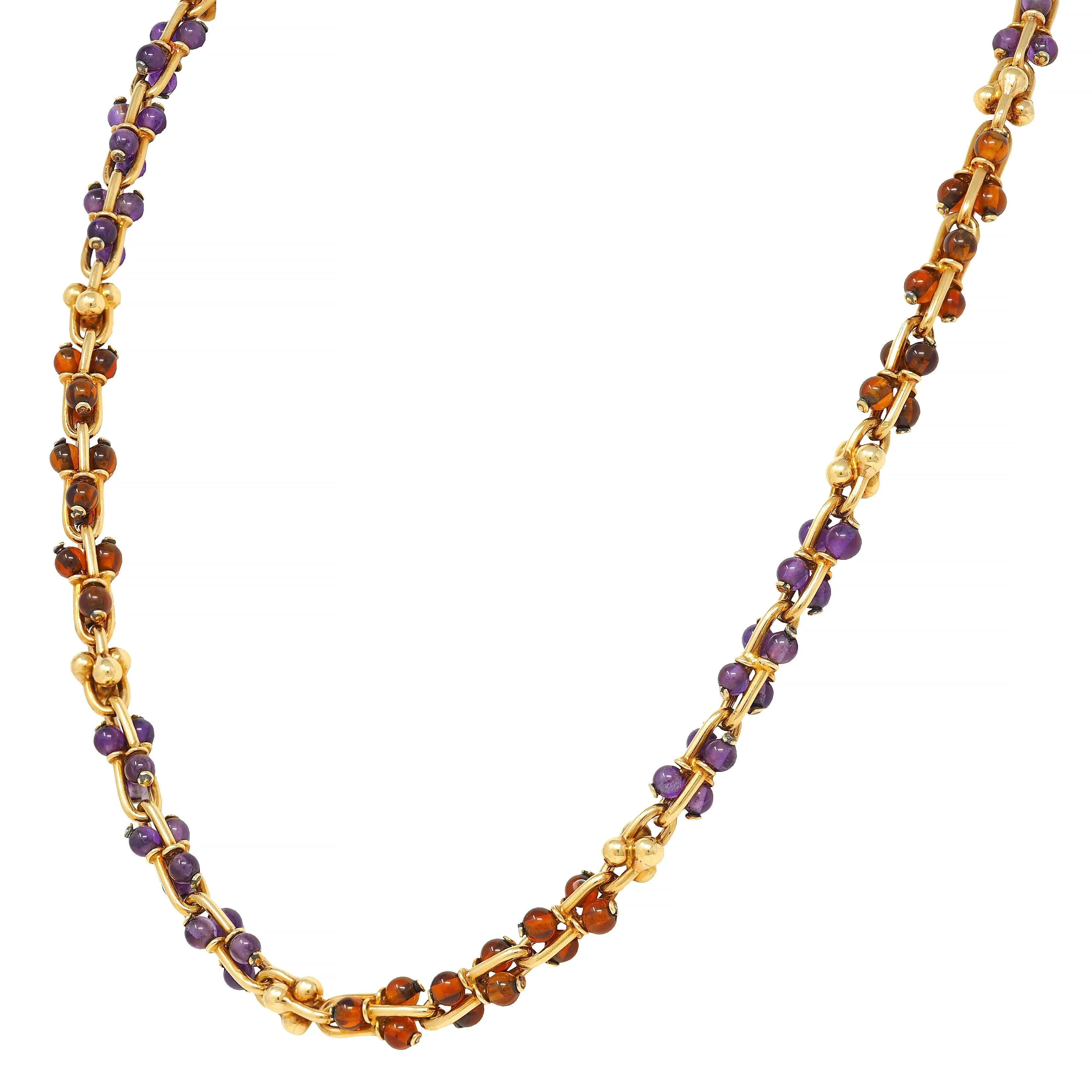 Bulgari 1990s Amethyst Citrine 18 Karat Yellow Gold Vintage Beaded Gauge Link Necklace