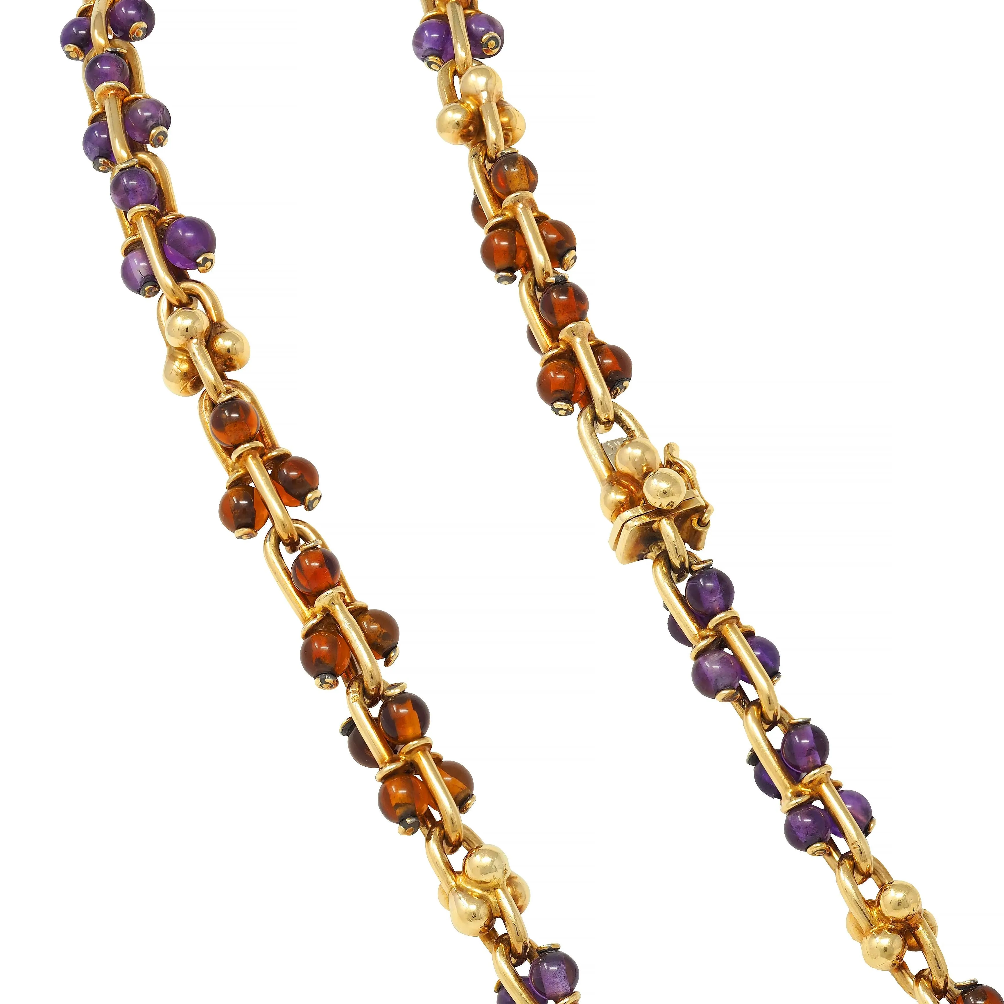 Bulgari 1990s Amethyst Citrine 18 Karat Yellow Gold Vintage Beaded Gauge Link Necklace