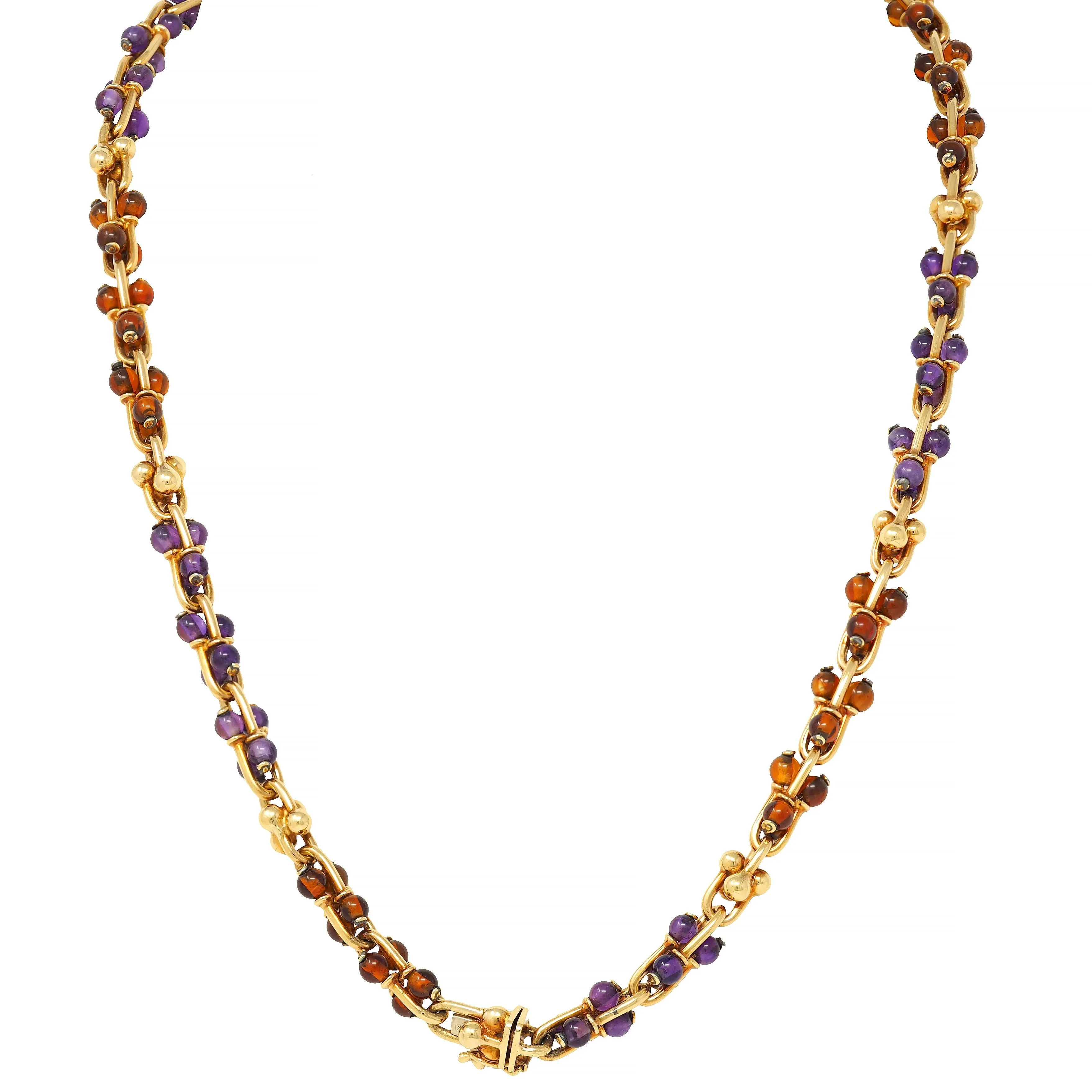 Bulgari 1990s Amethyst Citrine 18 Karat Yellow Gold Vintage Beaded Gauge Link Necklace