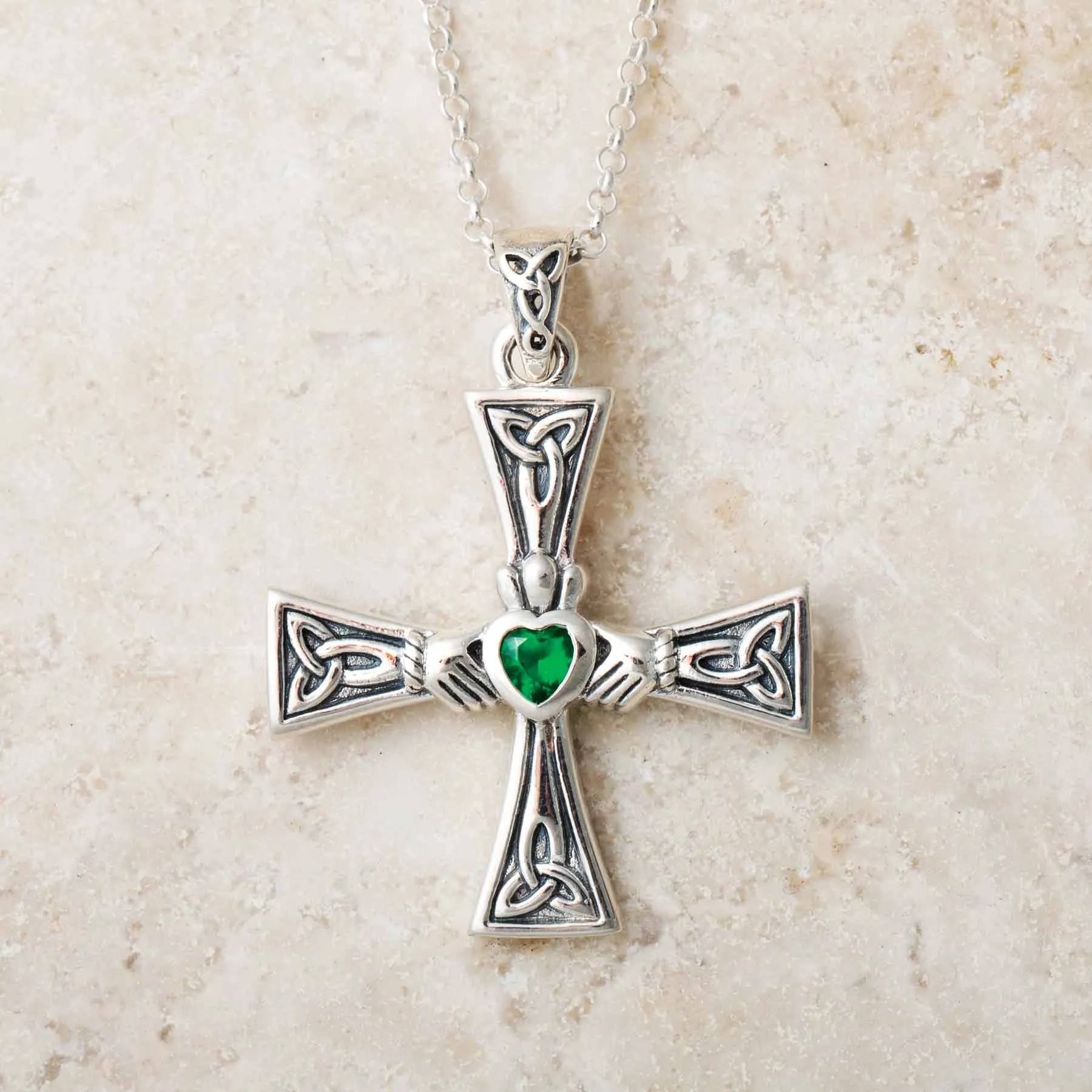 Celtic Knot Cross Pendant with Emerald Claddagh Heart