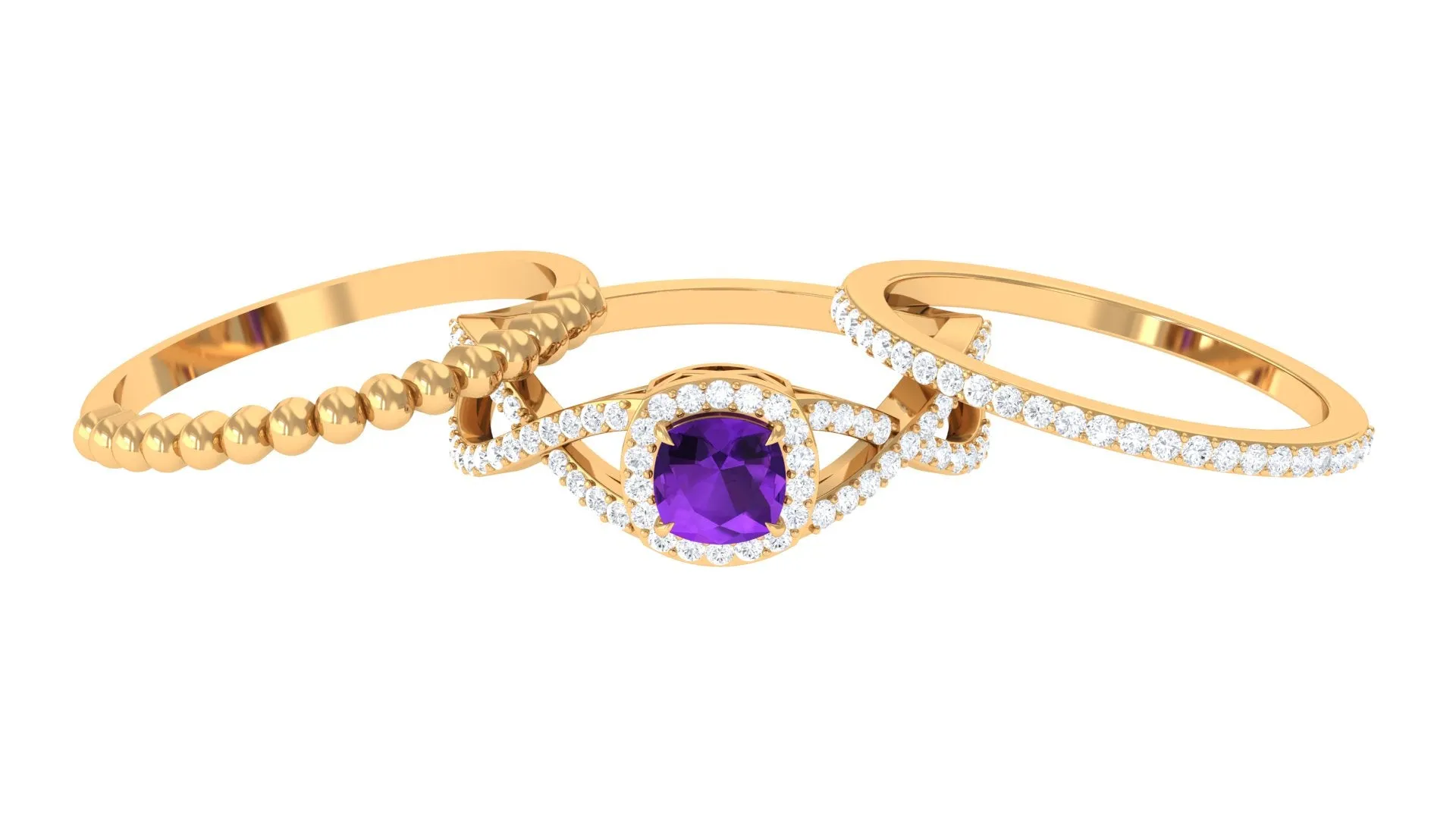 Certified Amethyst Stackable Ring Set with Moissanite