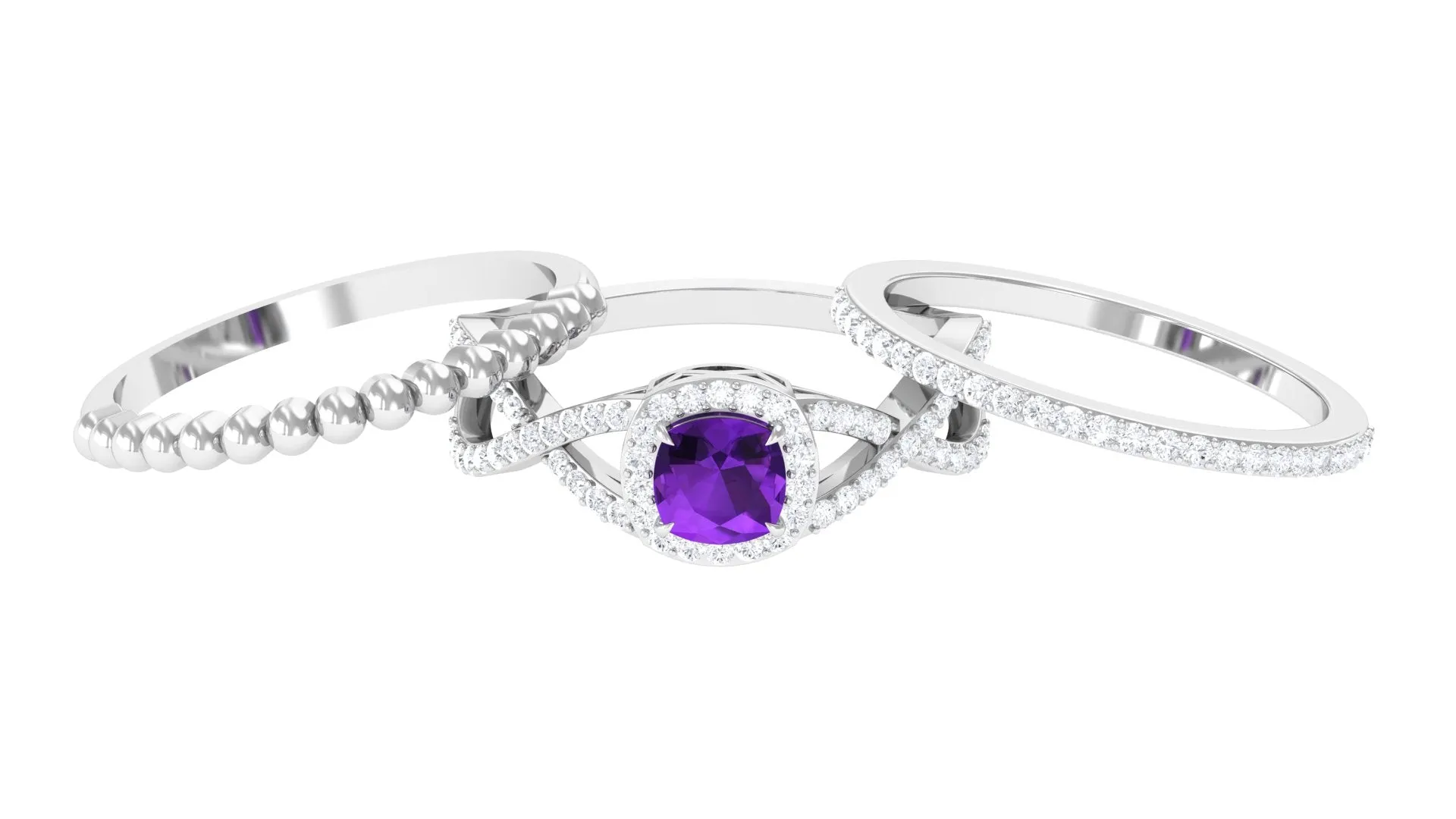 Certified Amethyst Stackable Ring Set with Moissanite