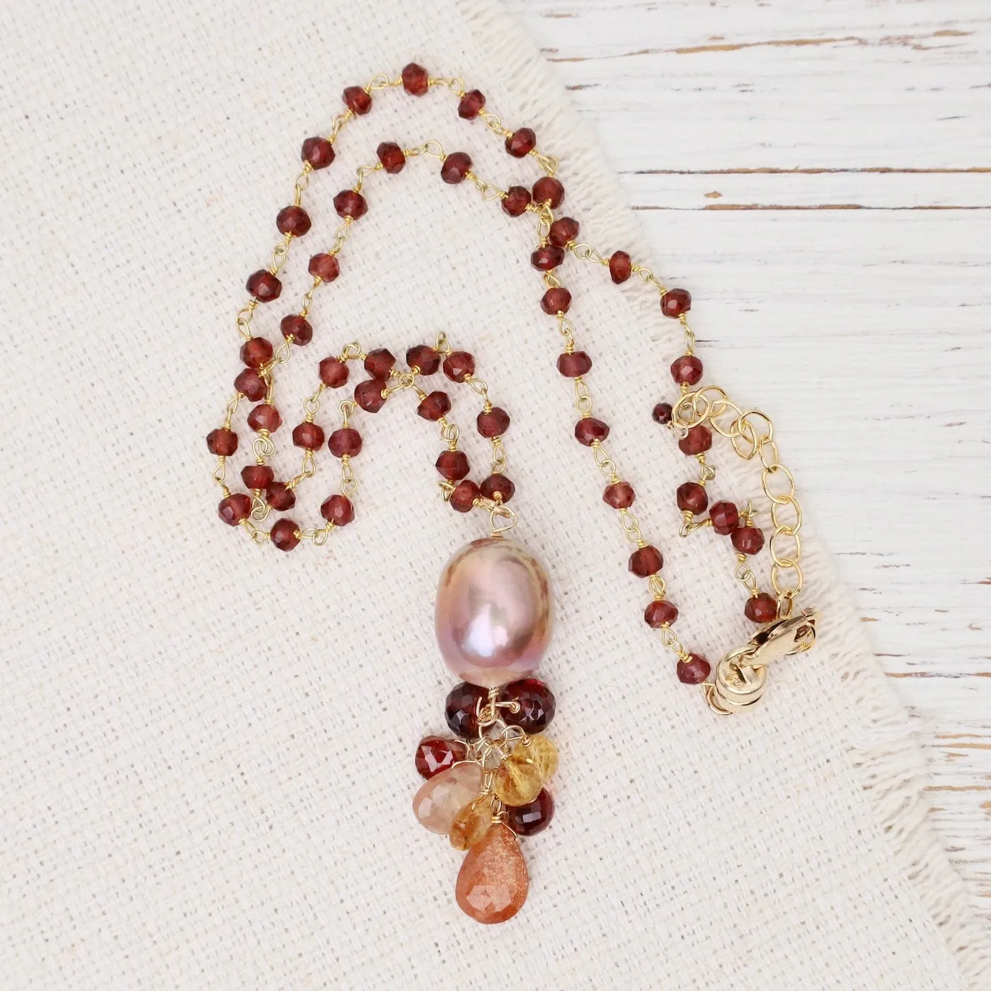 Champagne Edison Pearl, Sunstone, Garnet, Citrine Pendant Necklace