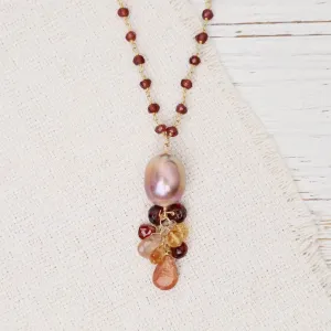 Champagne Edison Pearl, Sunstone, Garnet, Citrine Pendant Necklace