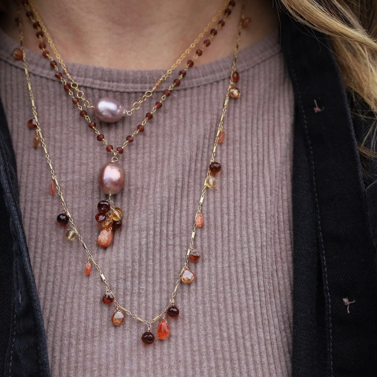 Champagne Edison Pearl, Sunstone, Garnet, Citrine Pendant Necklace