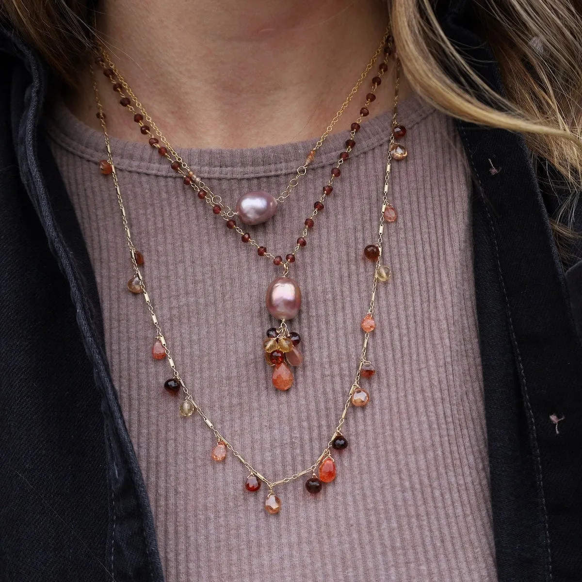 Champagne Edison Pearl, Sunstone, Garnet, Citrine Pendant Necklace