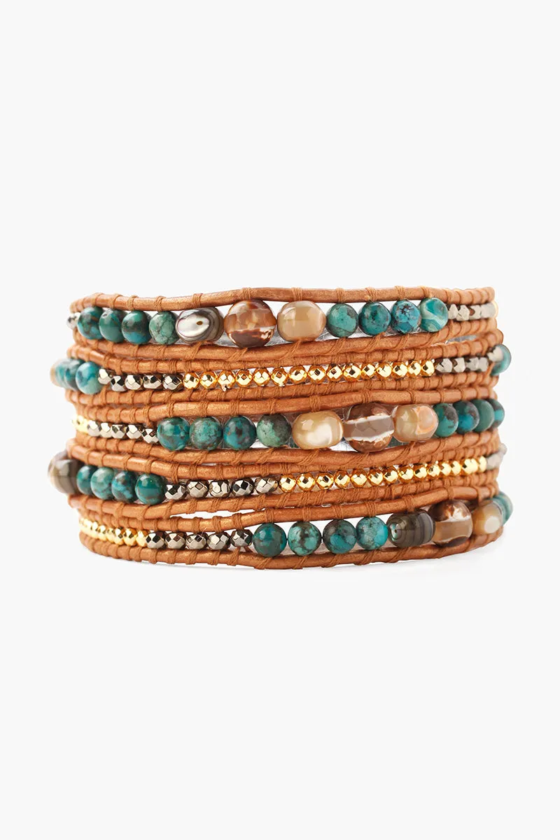 Chan Luu Compressed Turquoise Mix Wrap Bracelet On Brown Leather