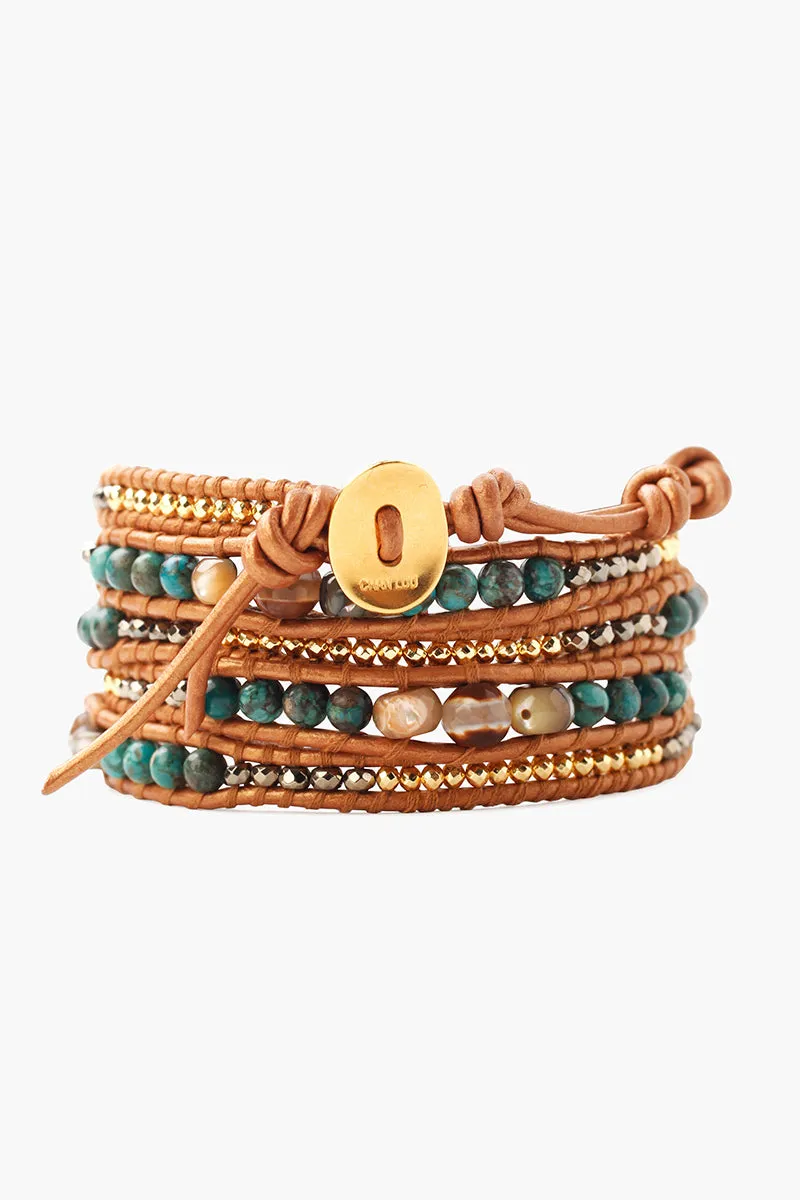 Chan Luu Compressed Turquoise Mix Wrap Bracelet On Brown Leather