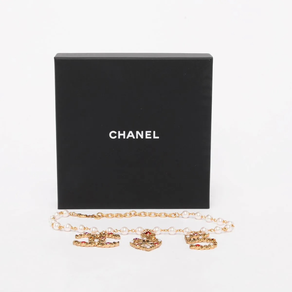 Chanel Gold Tone Pearl & Crystal Coco Charm Choker Necklace