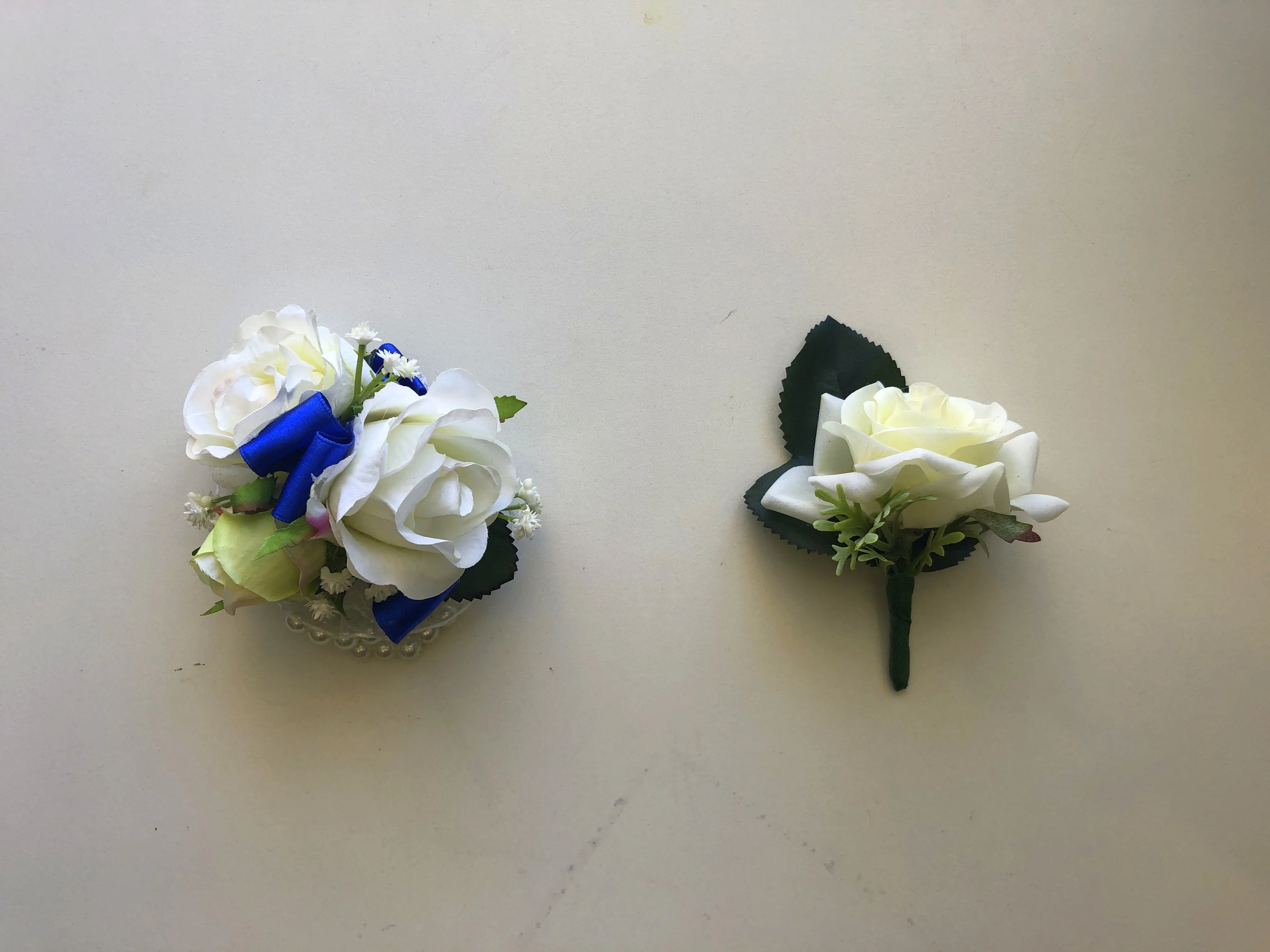 Corsage & Buttonhole - White Roses with Blue Ribbons - CB0013 - $38/set