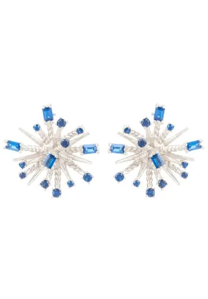 Cosmic Bang Baguette Cz Stud Earrings Sapphire Blue Cz Silver