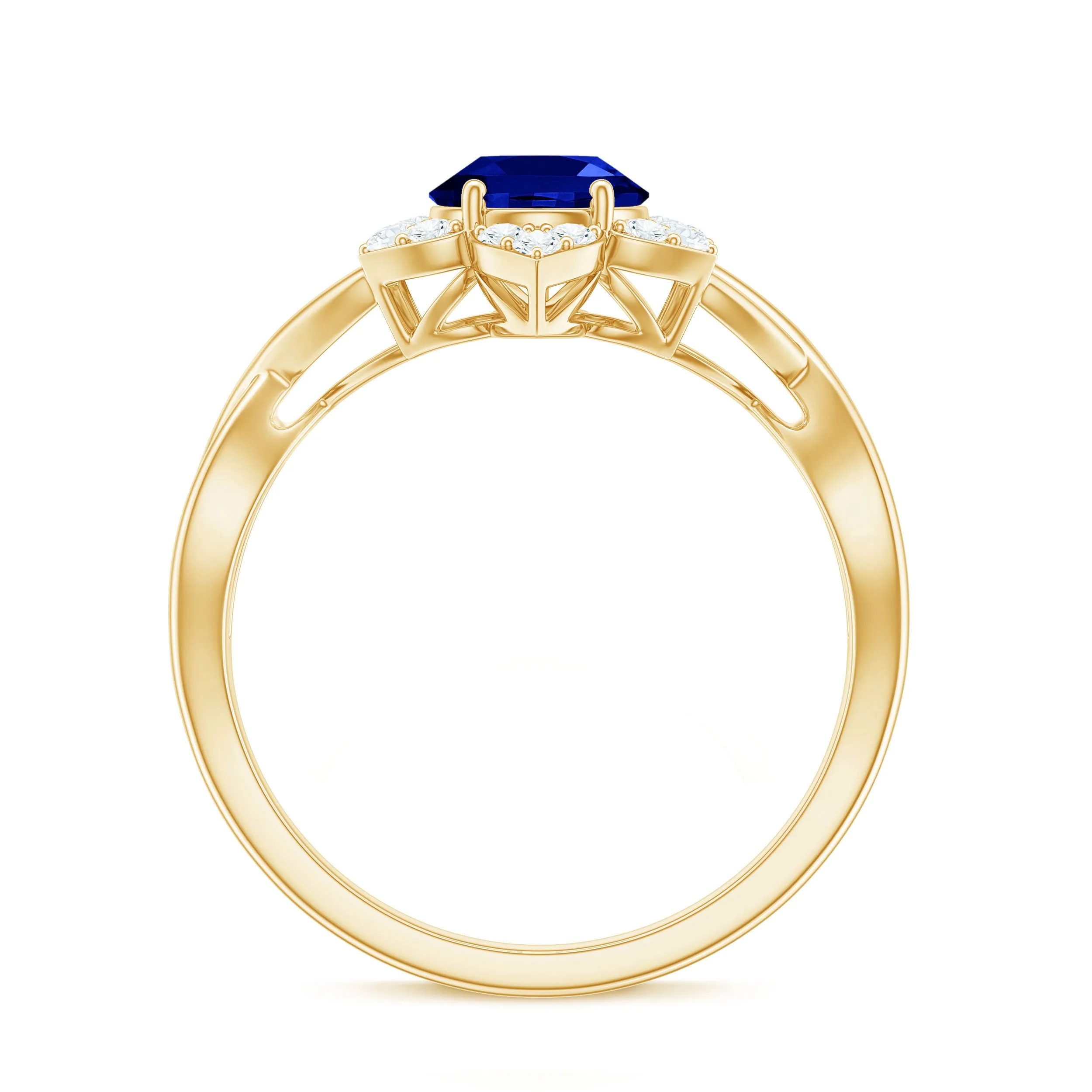 Created Blue Sapphire and Diamond Flower Halo Engagement Ring