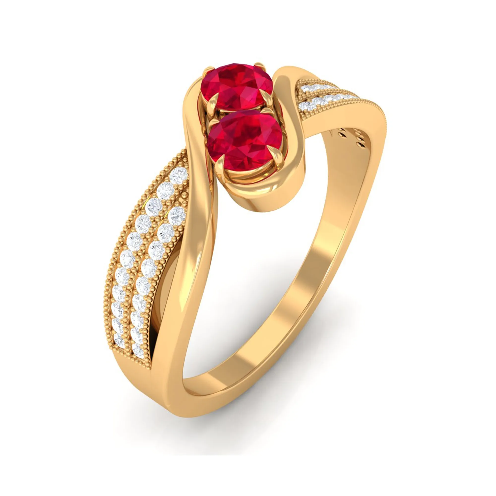 Created Ruby 2 Stone Bypass Engagement Ring with Diamond