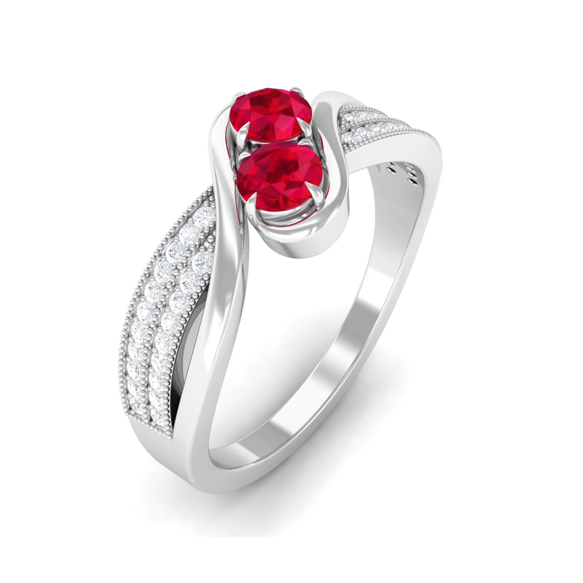 Created Ruby 2 Stone Bypass Engagement Ring with Diamond