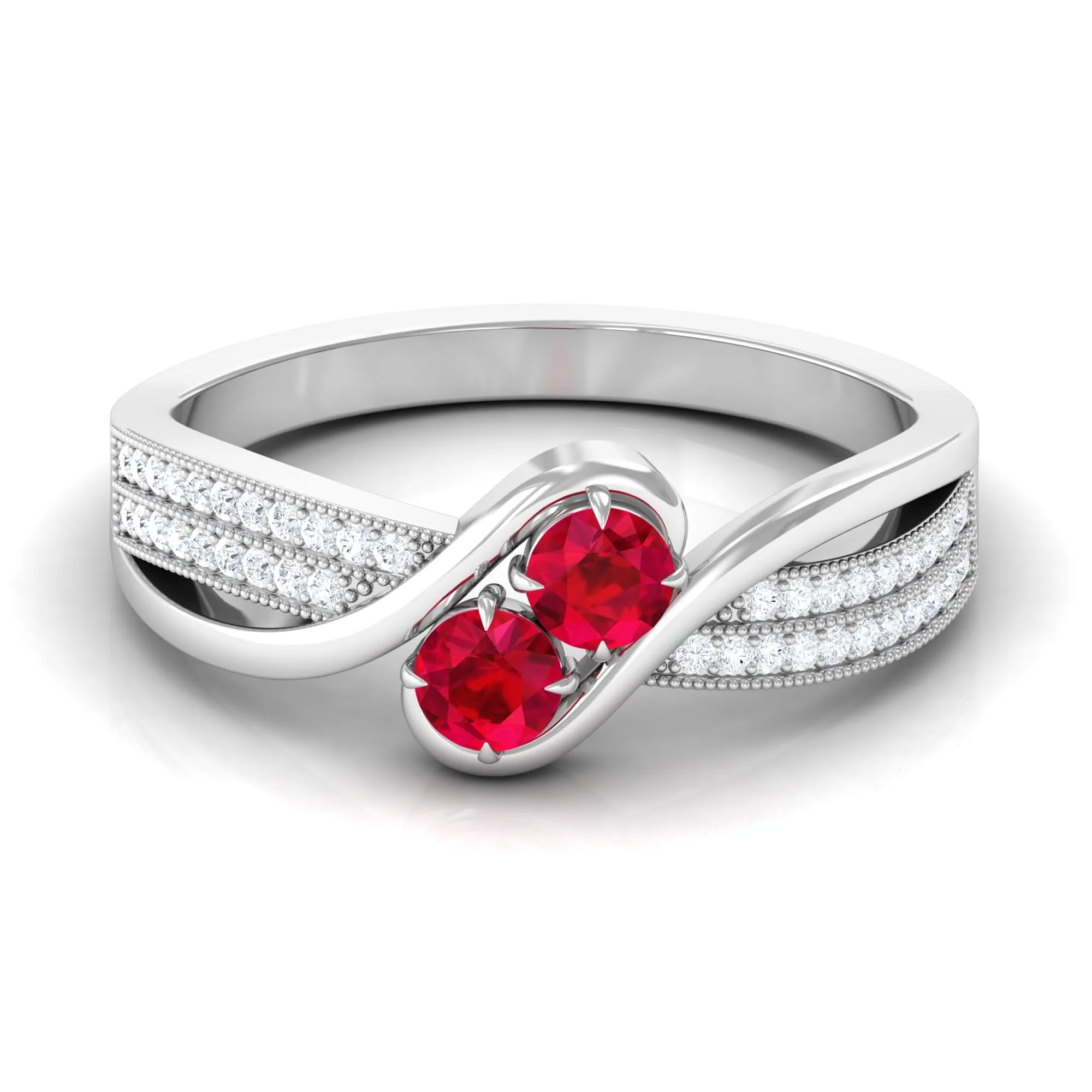 Created Ruby 2 Stone Bypass Engagement Ring with Diamond