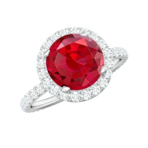 Created Ruby Halo Engagement Ring with Diamond