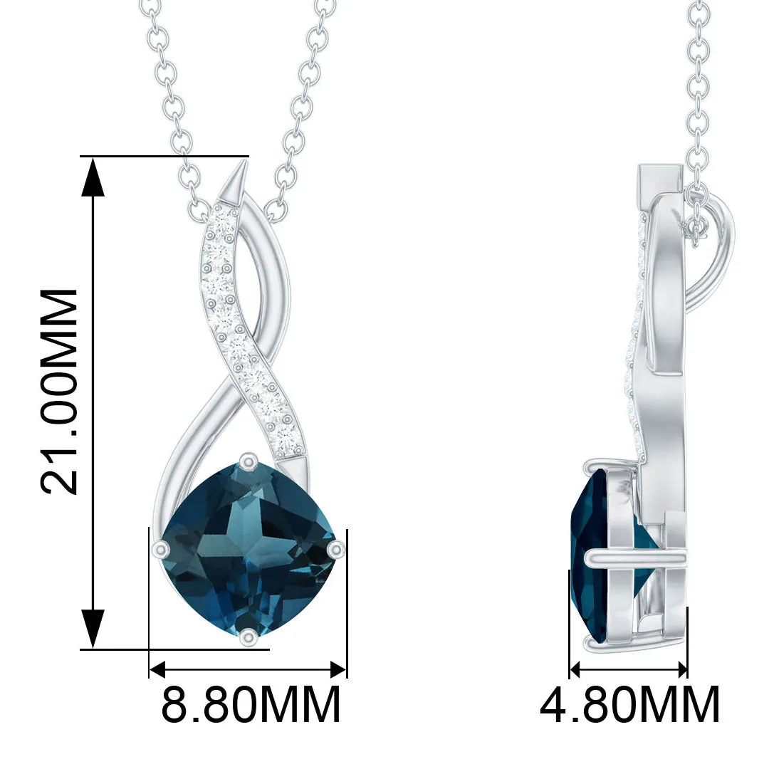 Cushion Cut London Blue Topaz Solitaire Infinity Pendant with Diamond