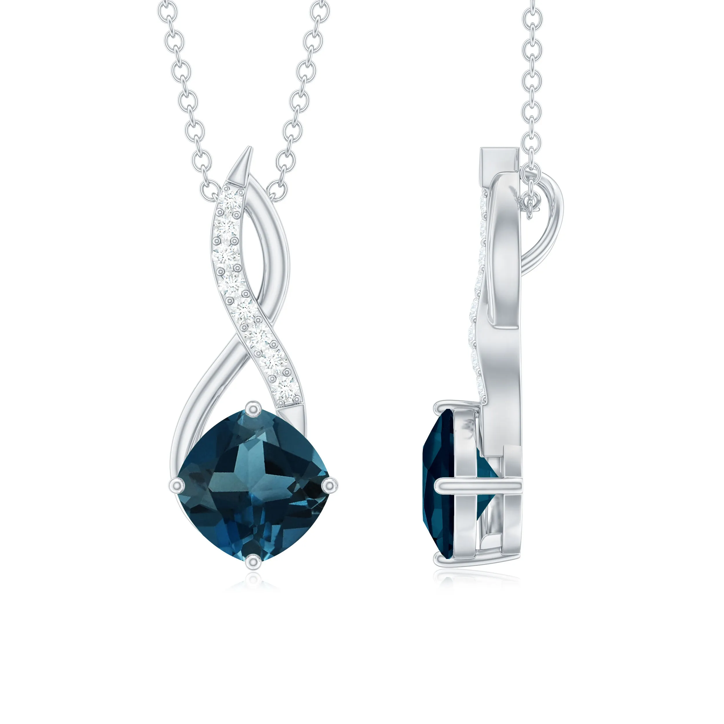 Cushion Cut London Blue Topaz Solitaire Infinity Pendant with Diamond