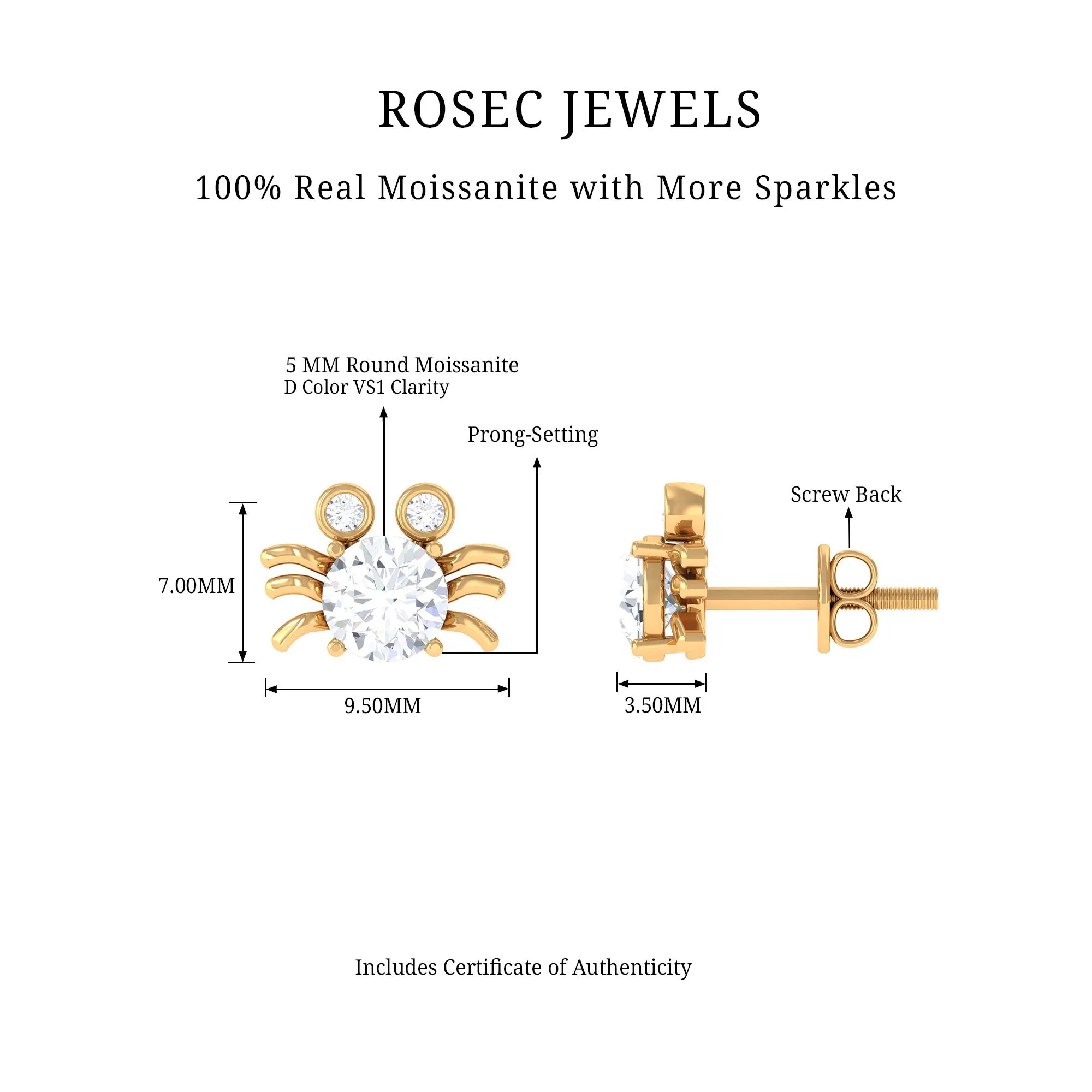 Cute Crab Stud Earrings with Moissanite