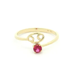 Elegant Yellow Gold Cancer Ring with Created Ruby