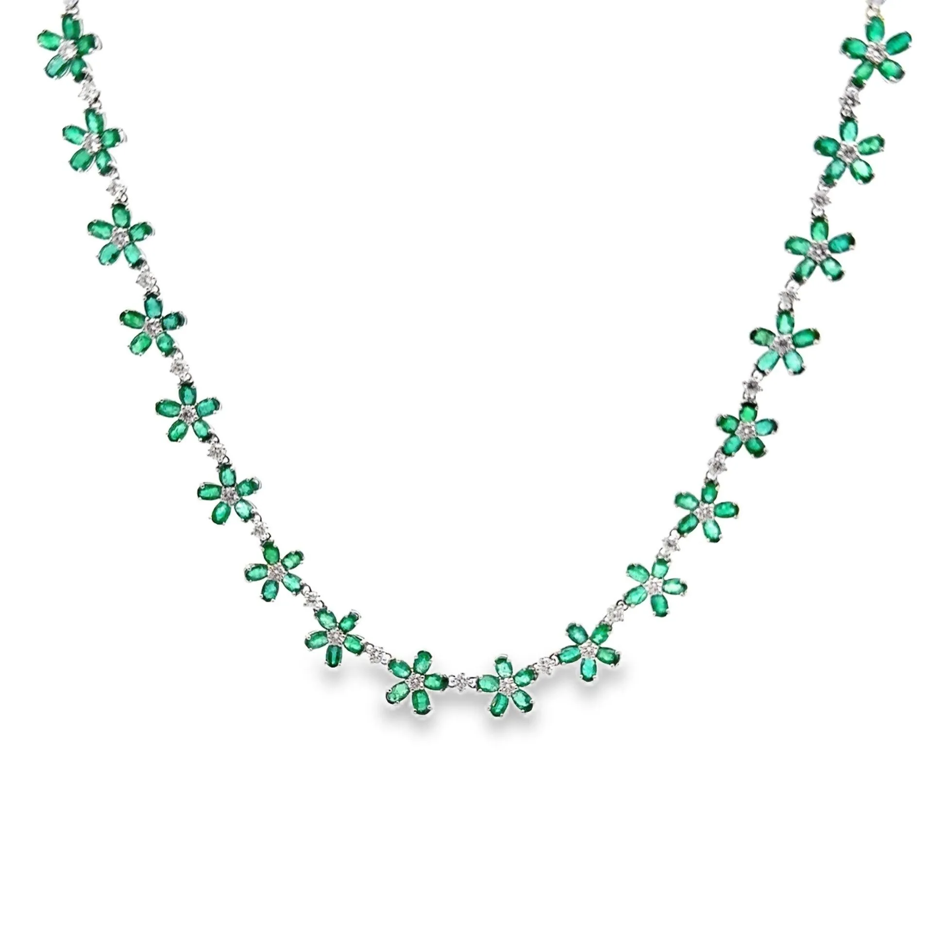 Emerald & Diamond 18k White Gold Flower Necklace