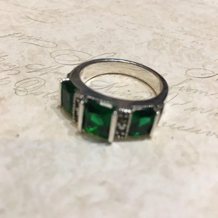 Emerald Crystal Triple stone  Trilogy Silver Ring