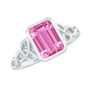 Emerald Cut Created Pink Sapphire Celtic Engagement Ring