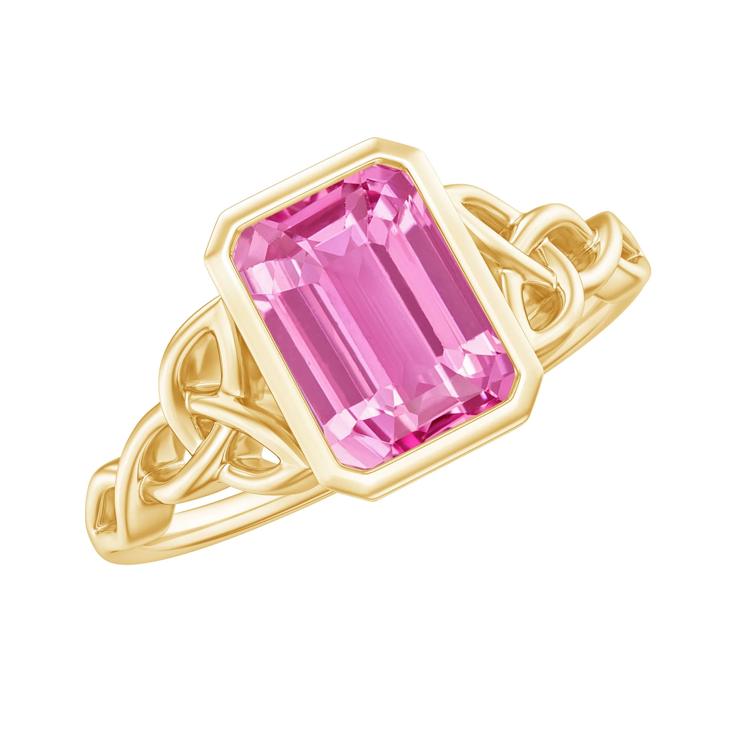 Emerald Cut Created Pink Sapphire Celtic Engagement Ring