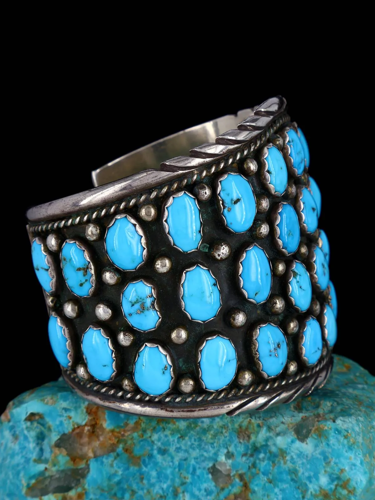 Estate Native American Sterling Silver Turquoise Cluster Cuff Bracelet