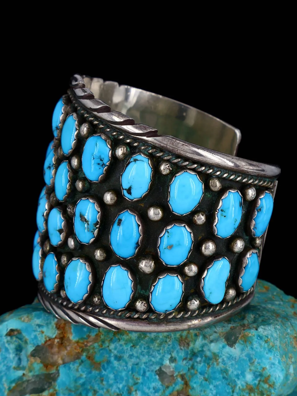 Estate Native American Sterling Silver Turquoise Cluster Cuff Bracelet