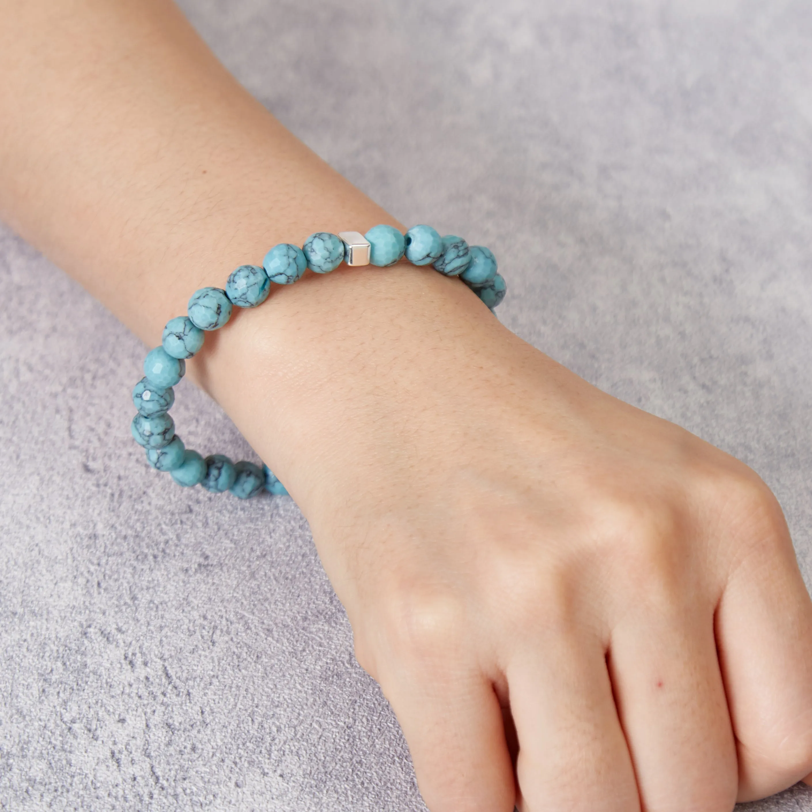 Faceted Synthetic Turquoise Gemstone Stretch Bracelet with Charm Created with Zircondia® Crystals