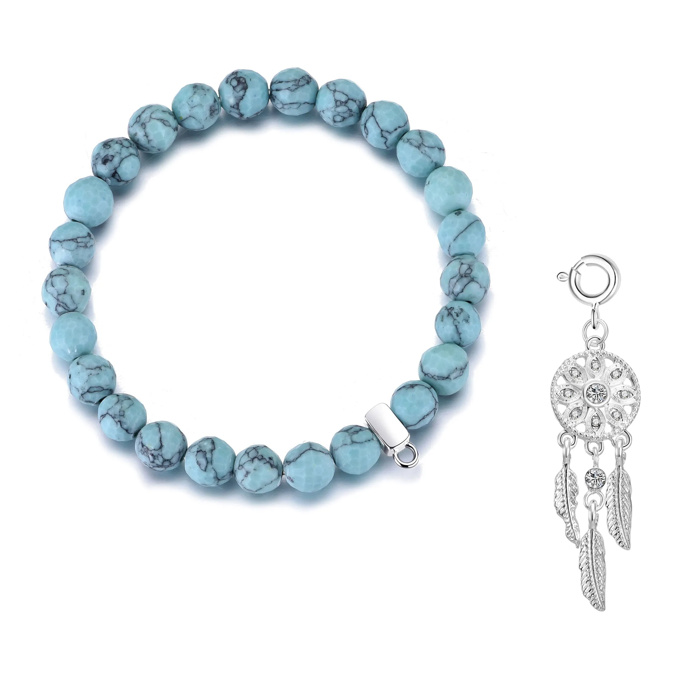 Faceted Synthetic Turquoise Gemstone Stretch Bracelet with Charm Created with Zircondia® Crystals