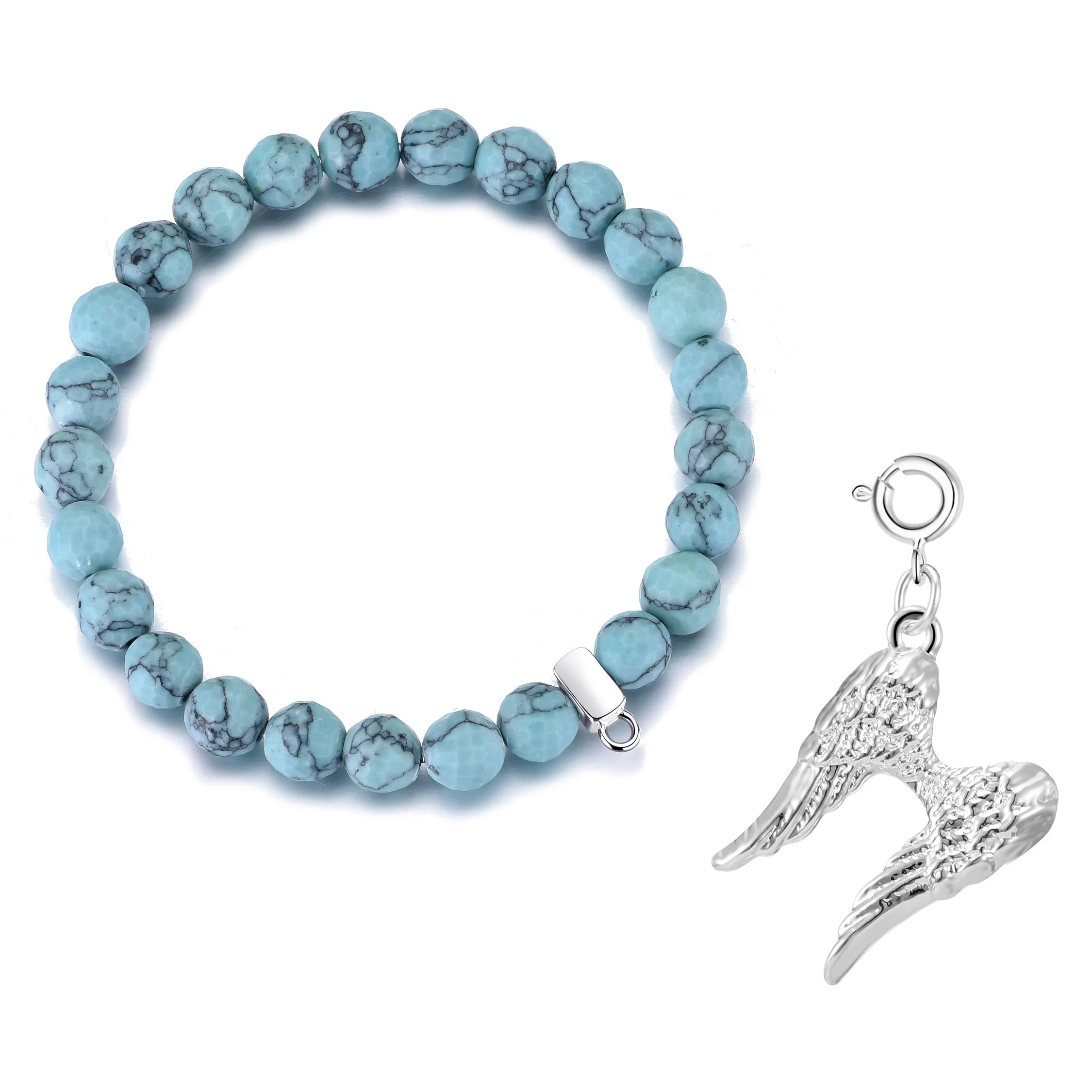 Faceted Synthetic Turquoise Gemstone Stretch Bracelet with Charm Created with Zircondia® Crystals