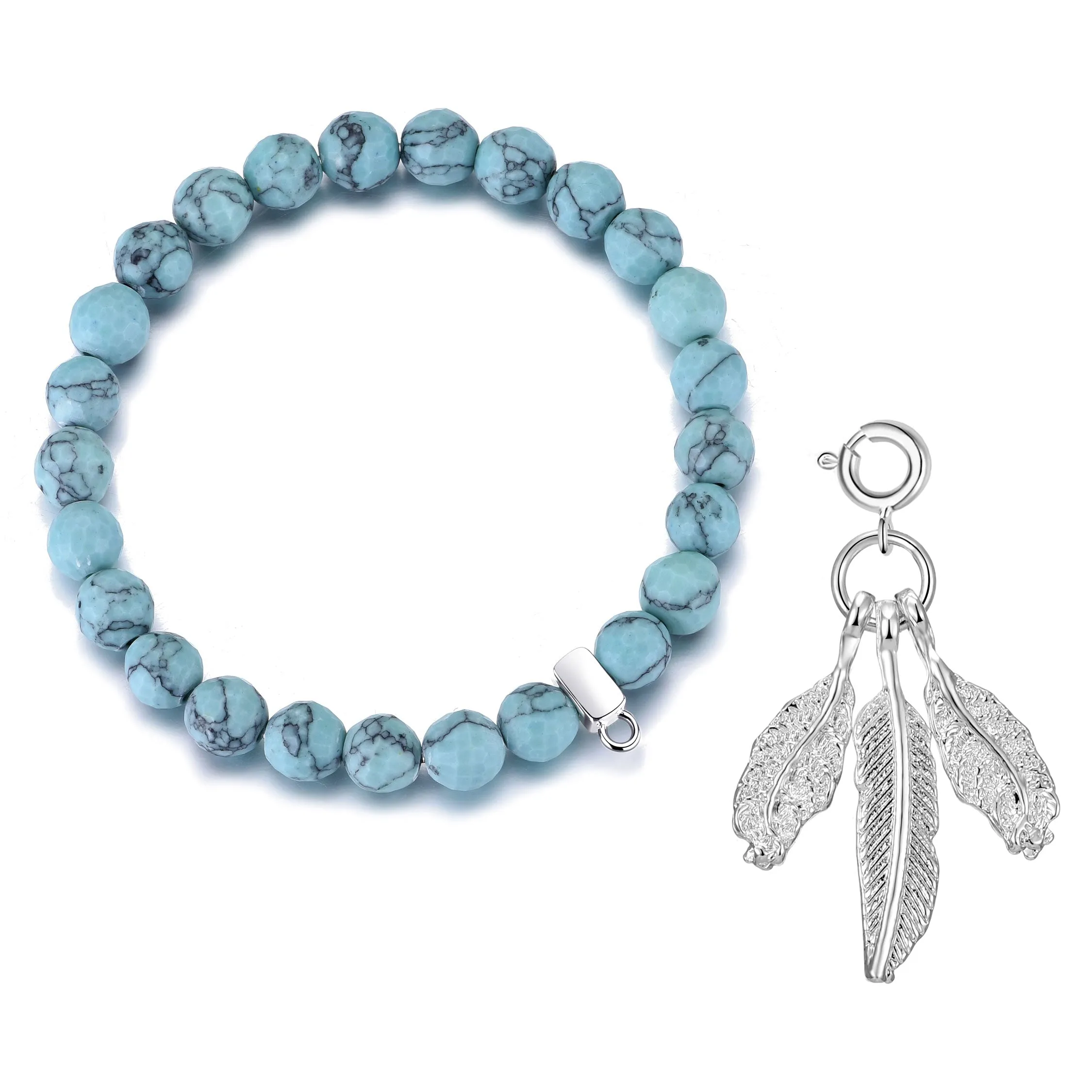 Faceted Synthetic Turquoise Gemstone Stretch Bracelet with Charm Created with Zircondia® Crystals