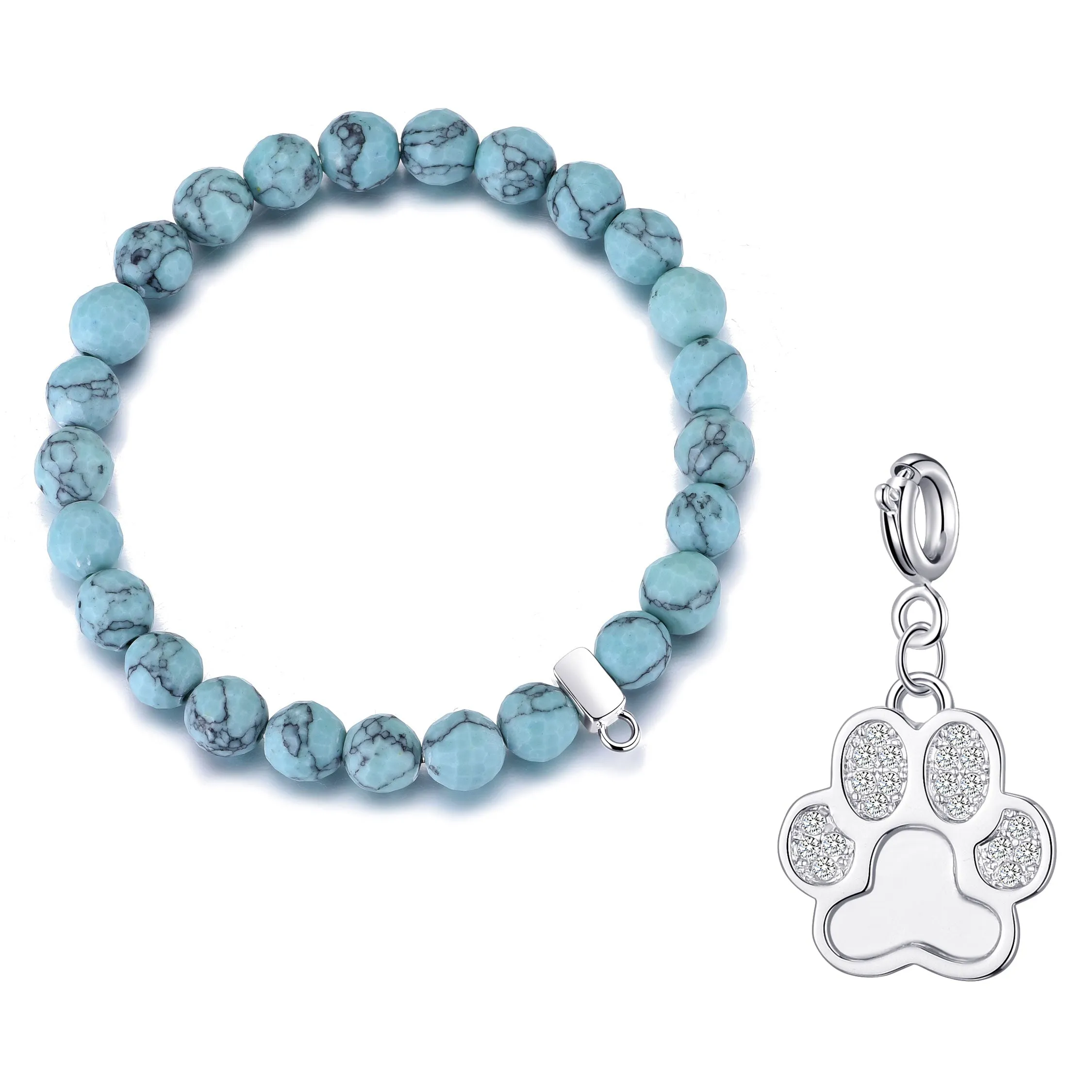 Faceted Synthetic Turquoise Gemstone Stretch Bracelet with Charm Created with Zircondia® Crystals