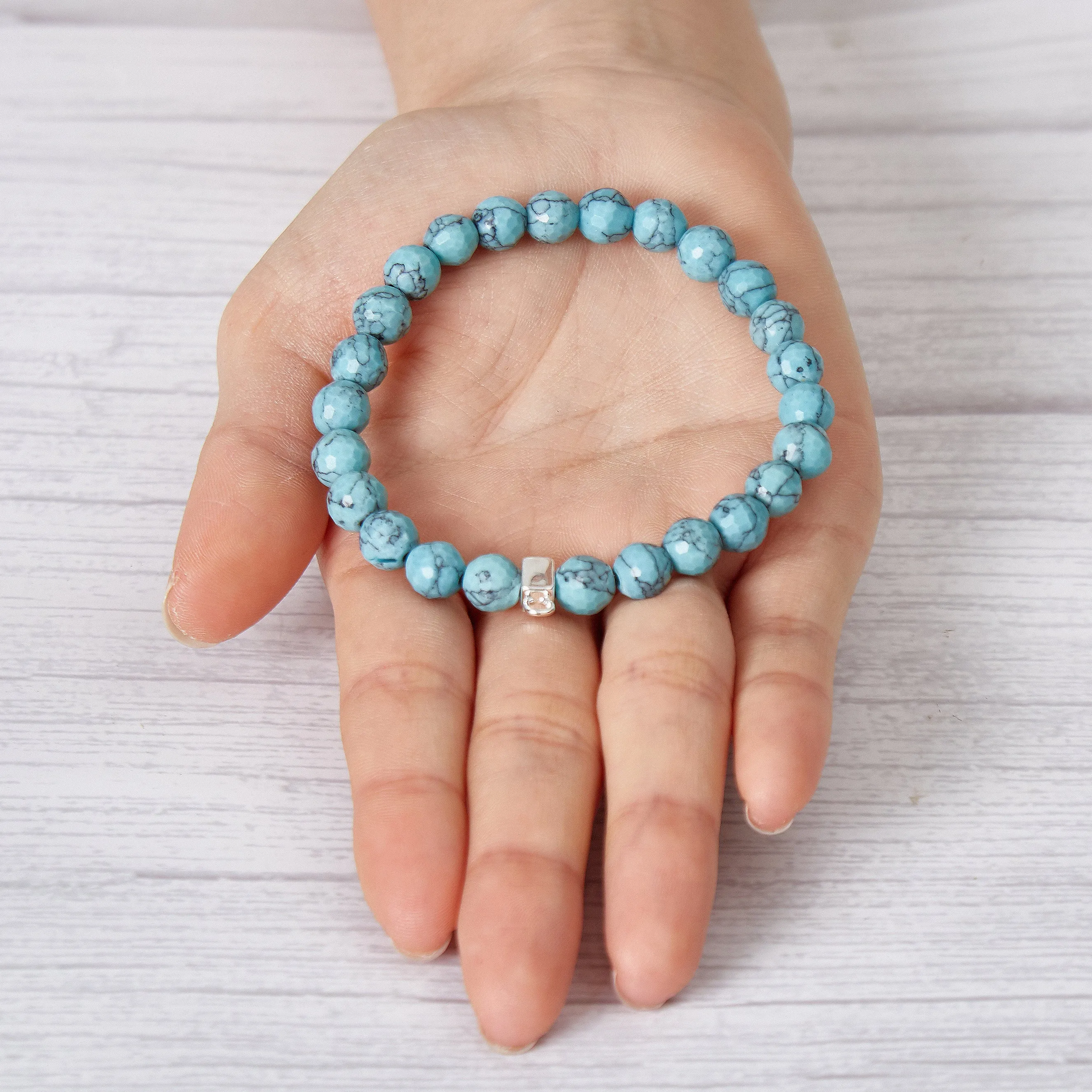 Faceted Synthetic Turquoise Gemstone Stretch Bracelet with Charm Created with Zircondia® Crystals