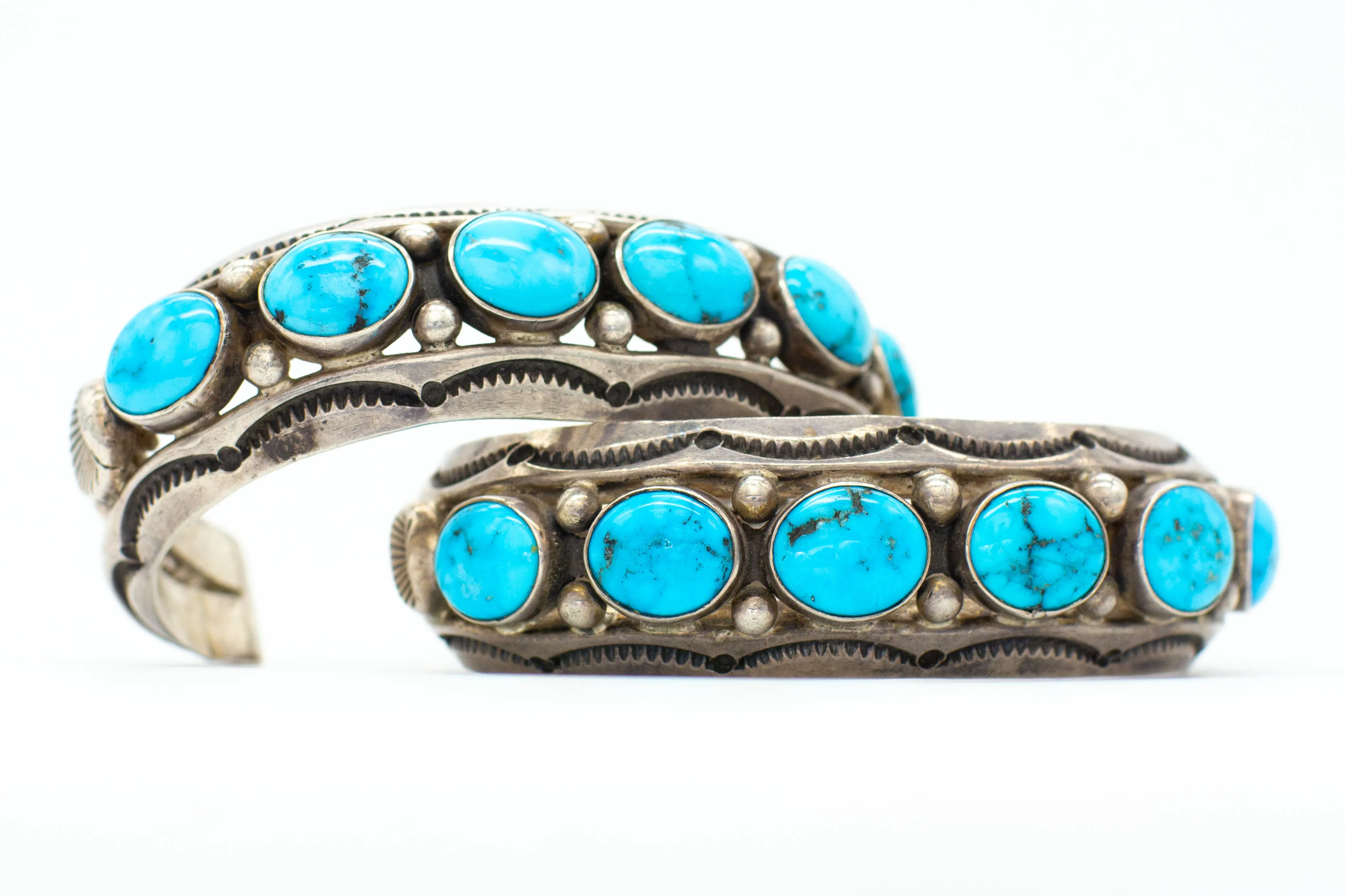 Fred Thompson Navajo Handmade Sterling Silver Turquoise Matching Cuff Bracelets Set