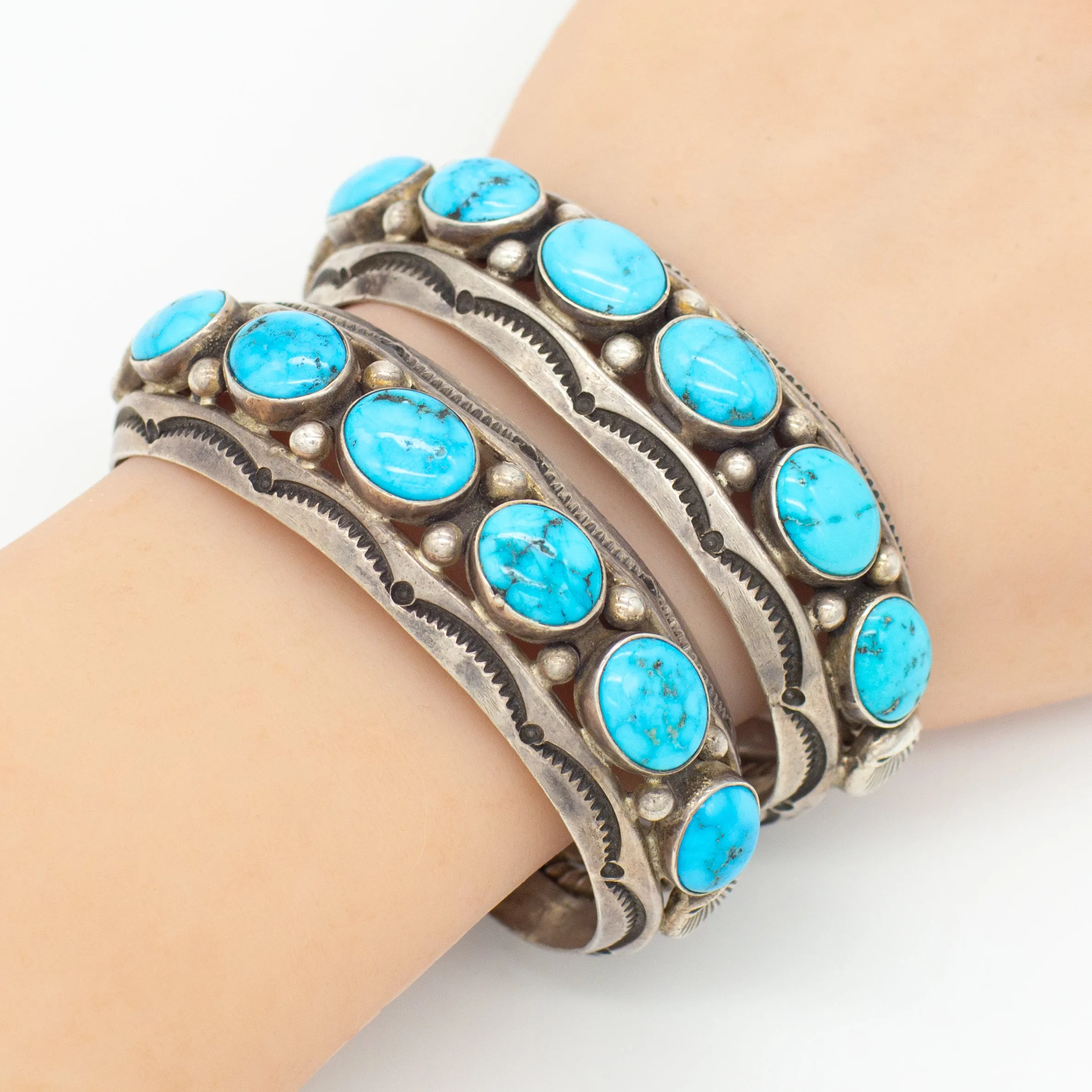 Fred Thompson Navajo Handmade Sterling Silver Turquoise Matching Cuff Bracelets Set