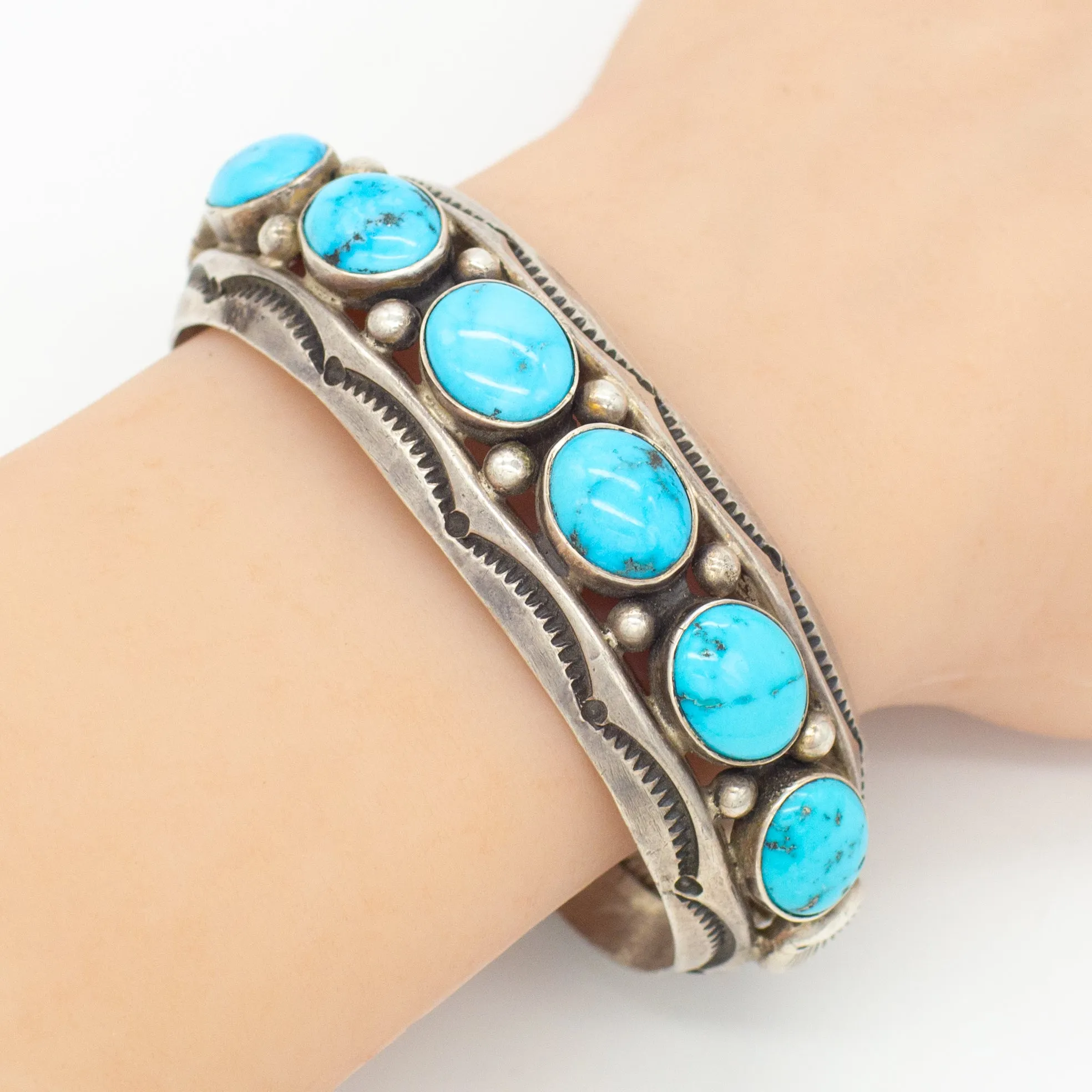 Fred Thompson Navajo Handmade Sterling Silver Turquoise Matching Cuff Bracelets Set