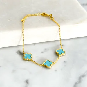 Gold Bracelet with 3 Turquoise Clover shapes