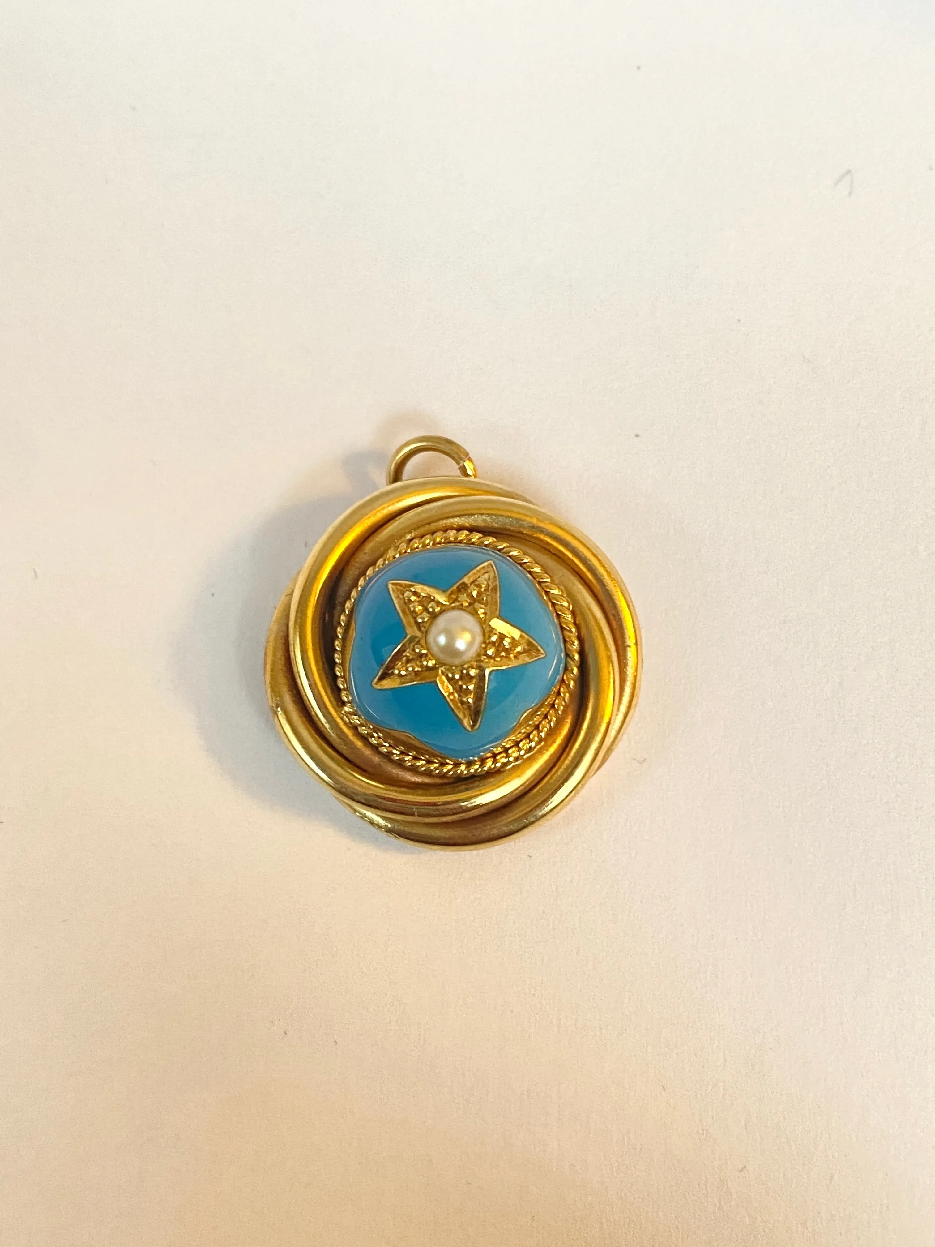 Good sized, Victorian, 18ct Gold, Turquoise Blue Enamel and Seed Pearl Star Pendant