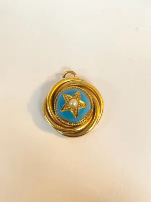 Good sized, Victorian, 18ct Gold, Turquoise Blue Enamel and Seed Pearl Star Pendant