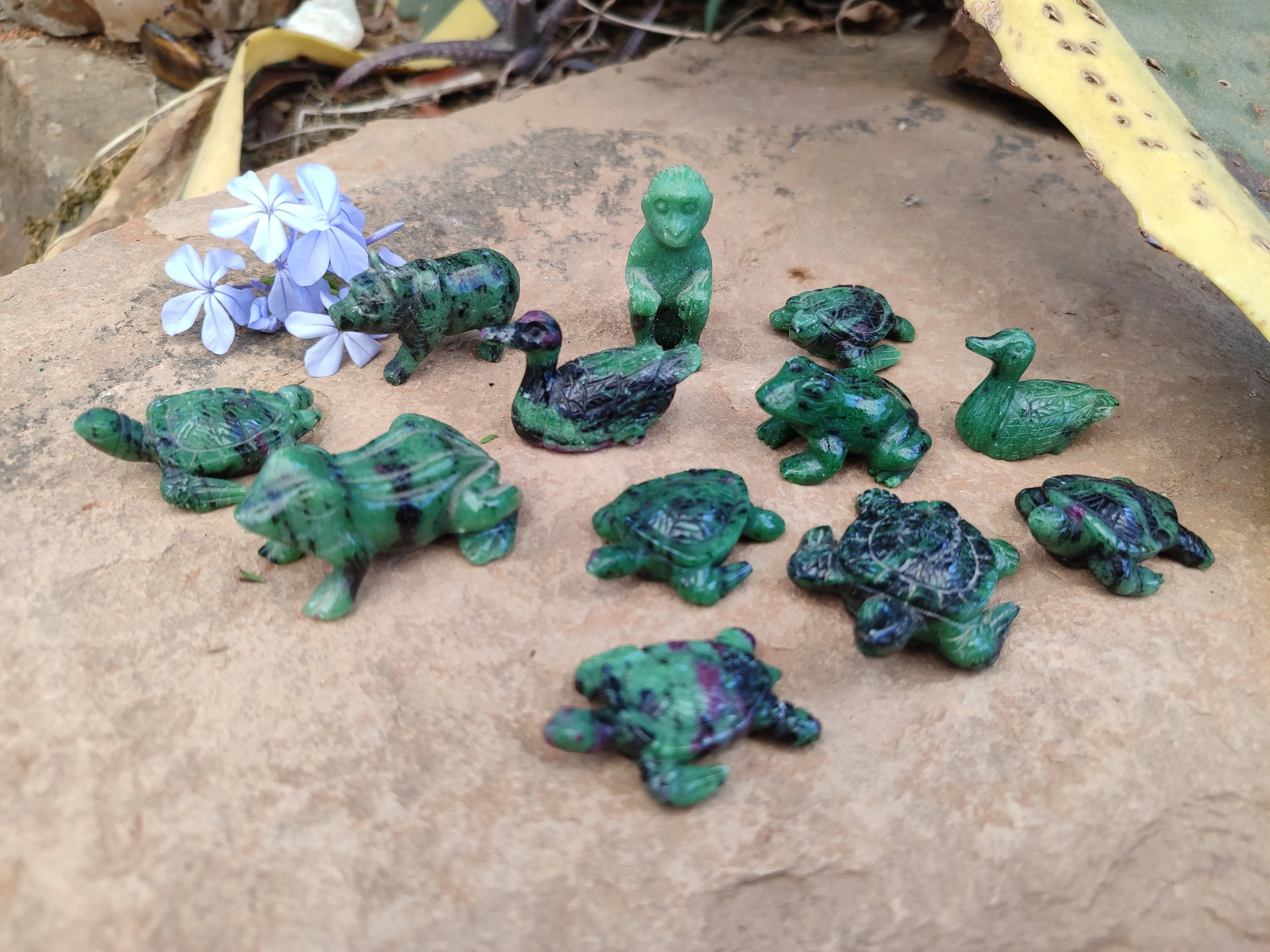 Hand Made Ruby Zoisite Animal Carvings x 12 From Tanzania