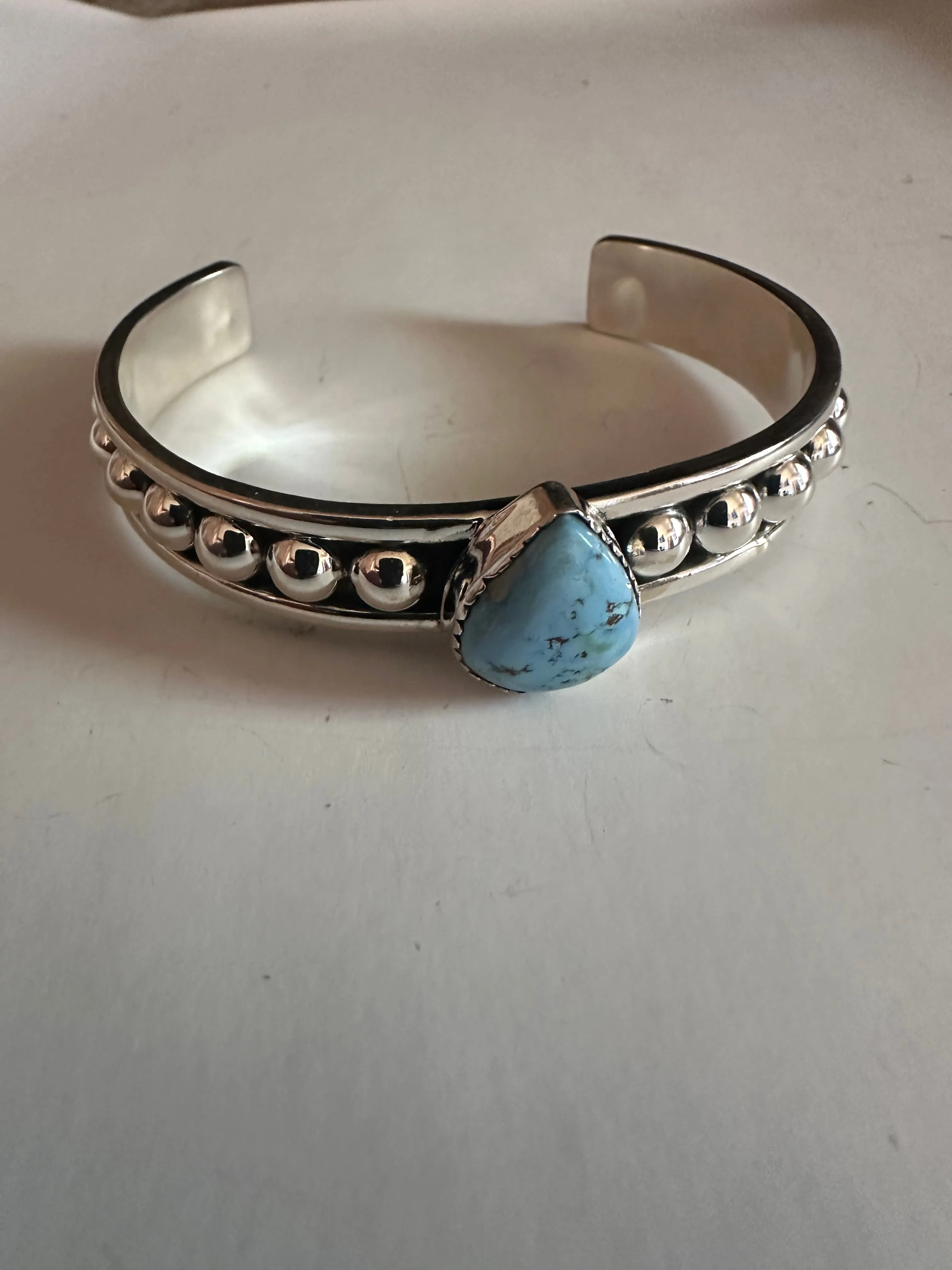 Handmade Golden Hills Turquoise & Sterling Silver Single Stone Adjustable Cuff Bracelet