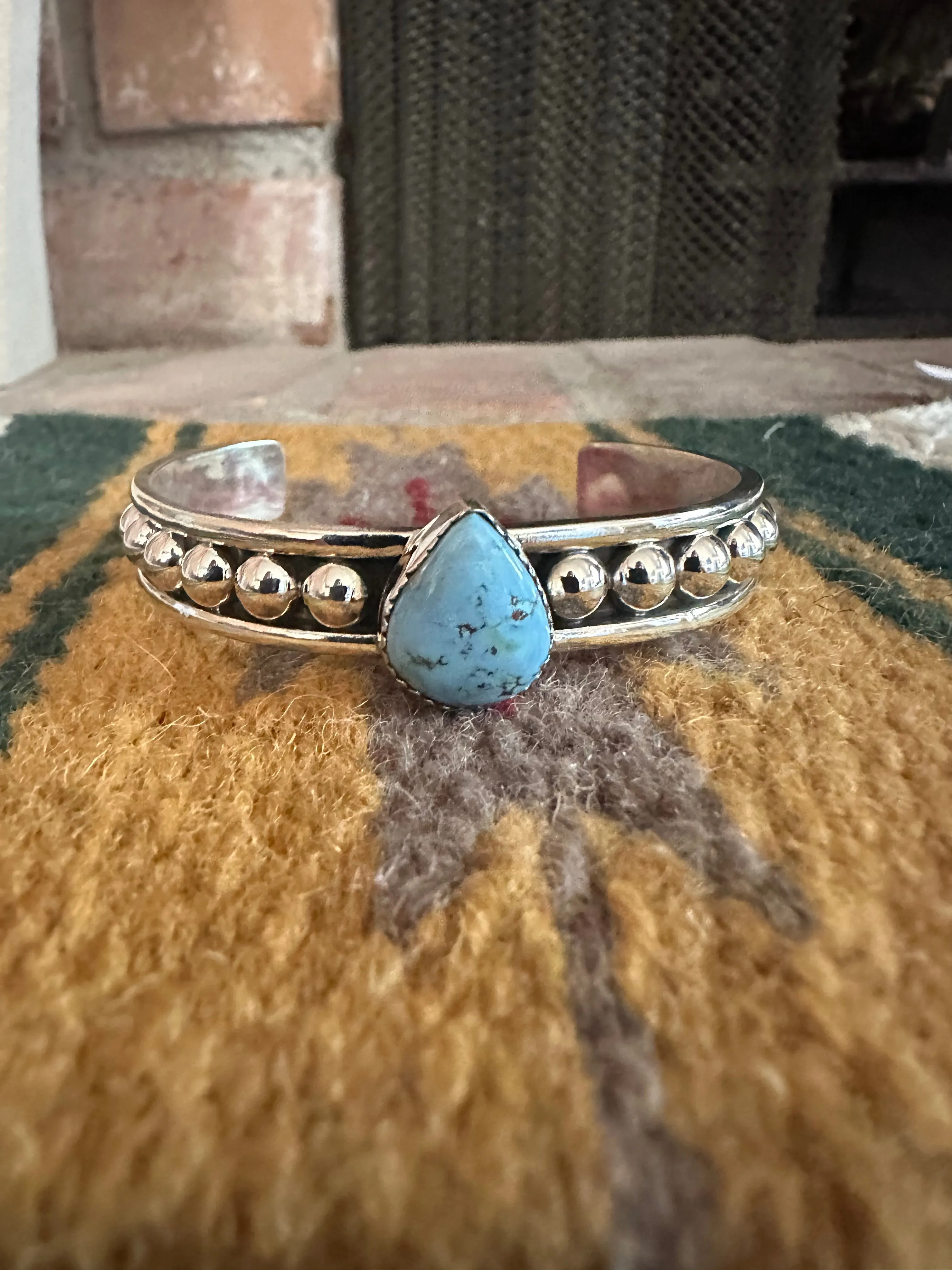 Handmade Golden Hills Turquoise & Sterling Silver Single Stone Adjustable Cuff Bracelet