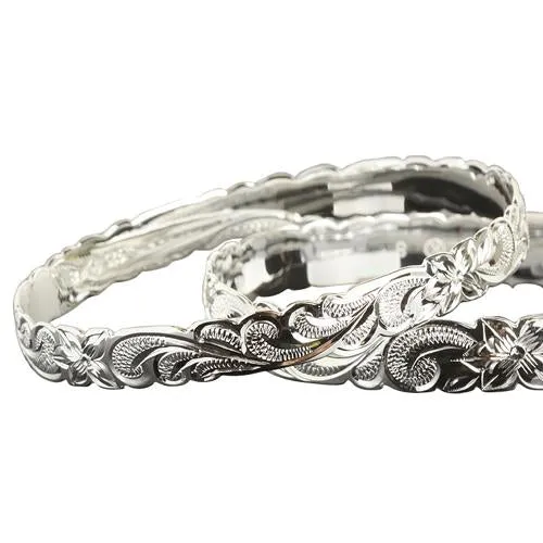 Hawaiian Sterling Silver Bangle Queen Scroll Engraving Cut Out Edge